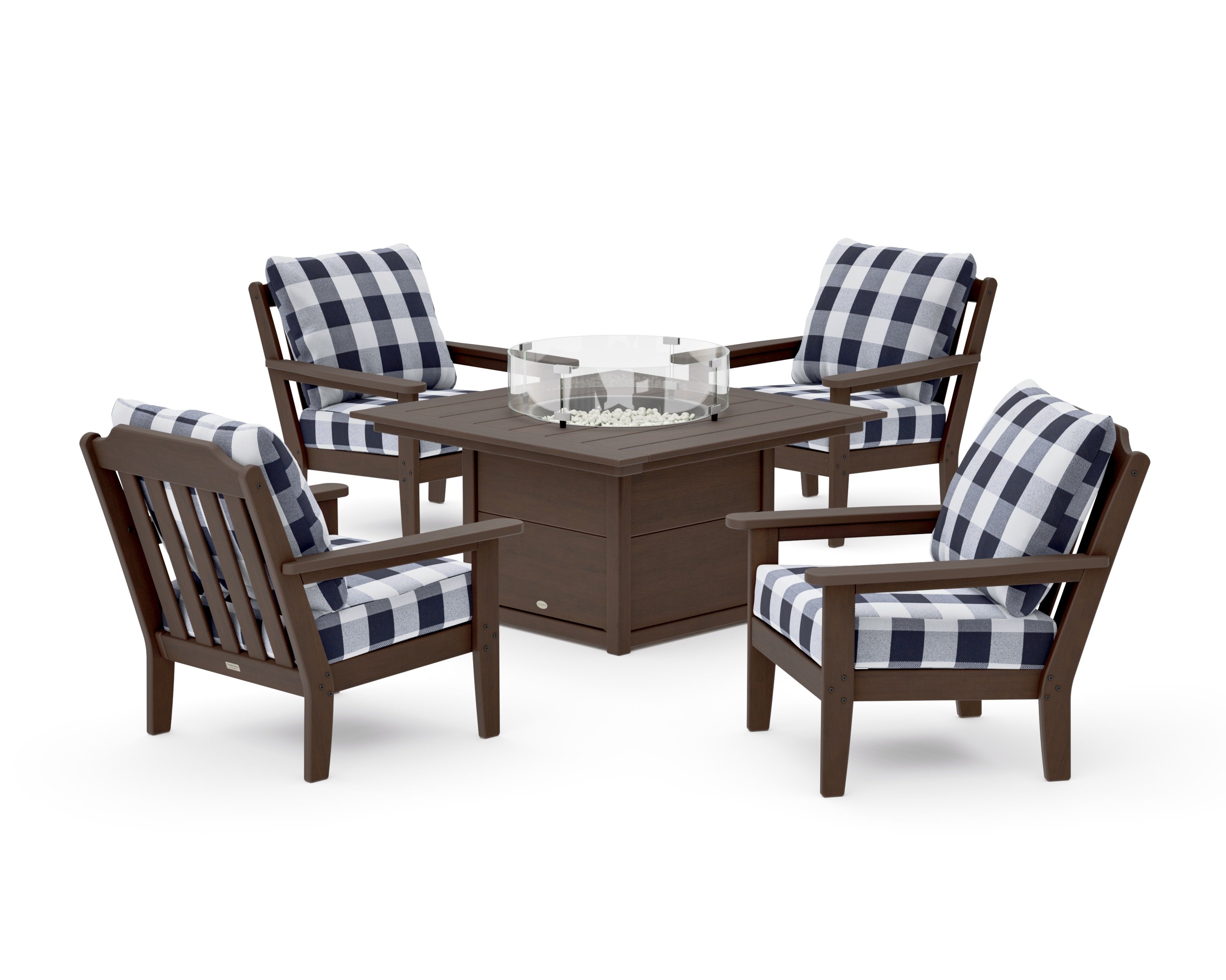 Cottage 5-Piece Deep Seating Set with Fire Pit Table in Kona / Buffalo Plaid Navy