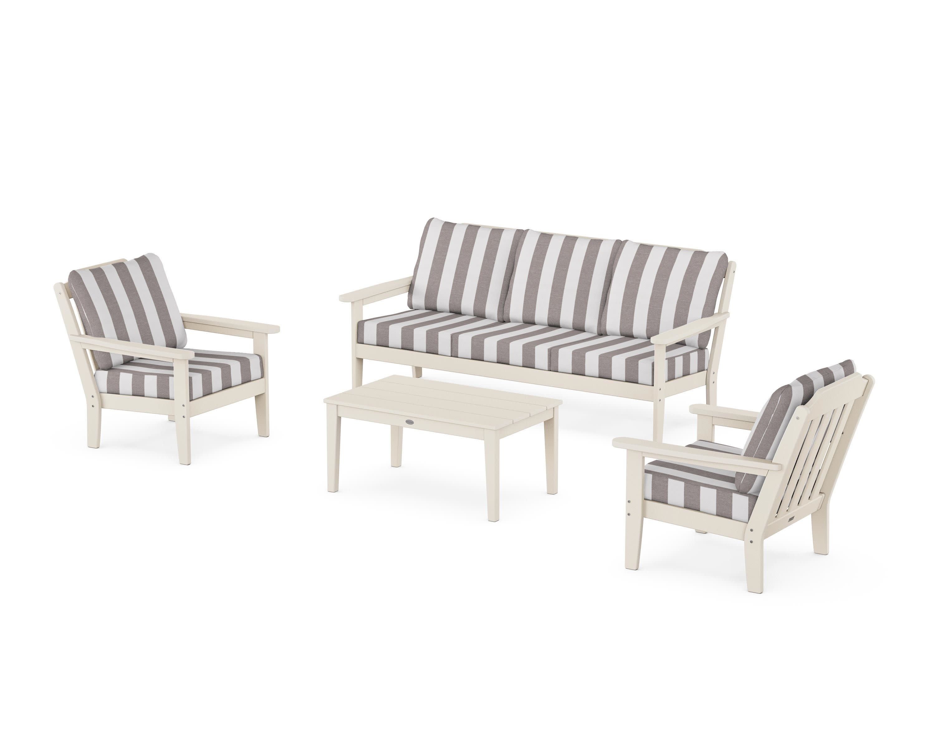 Cottage 4-Piece Deep Seating Set with Sofa in Sand / Cabana Stripe Grey Mist