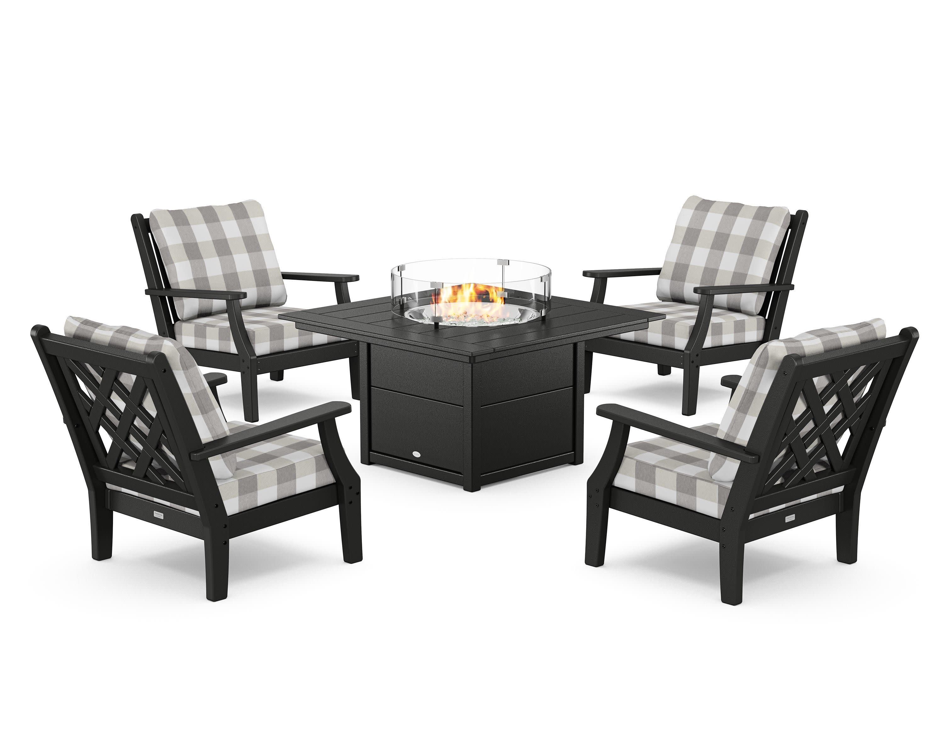 Wovendale 5-Piece Deep Seating Set with Fire Pit Table in Black / Buffalo Plaid Grey Mist