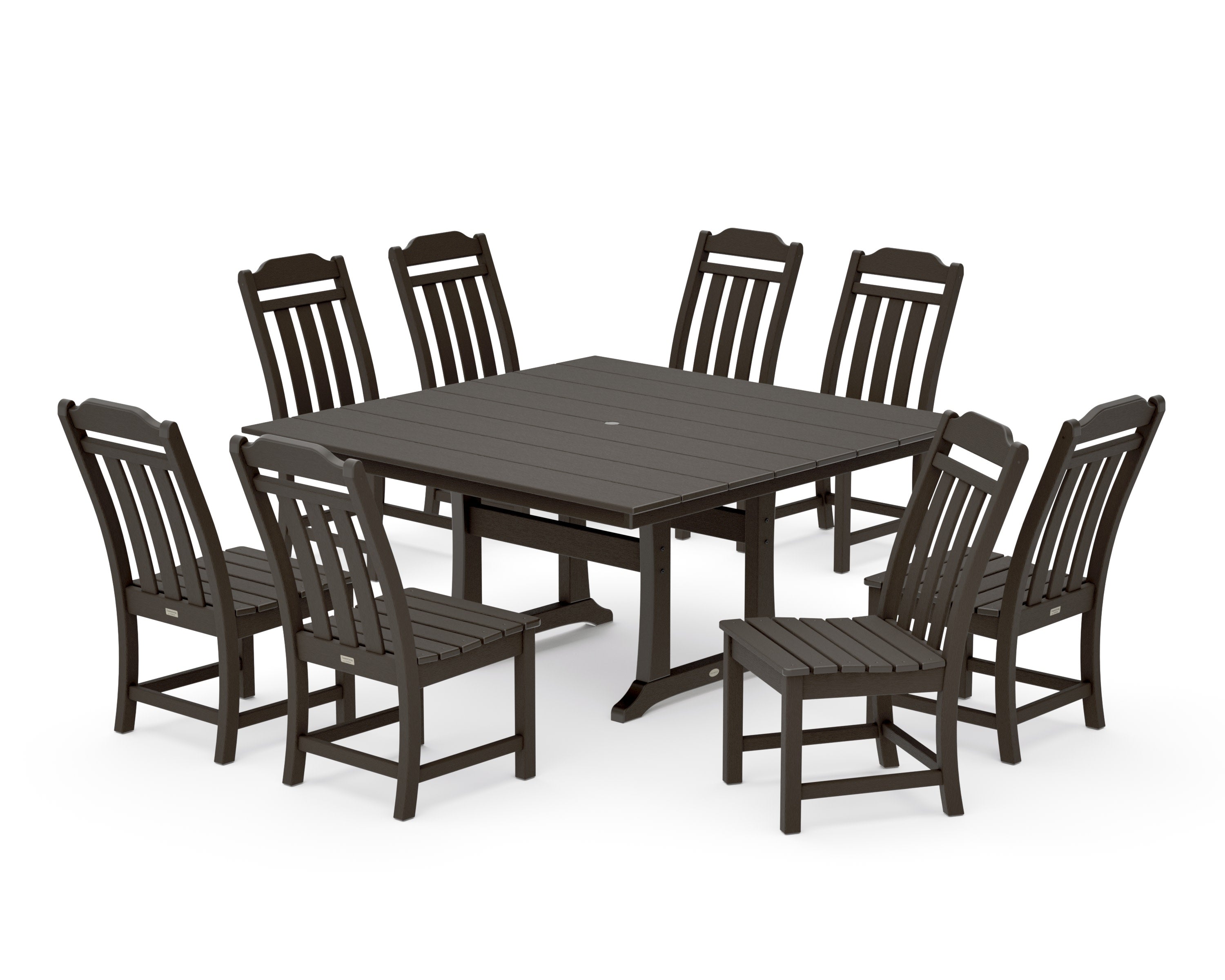 Cottage 9-Piece Square Farmhouse Side Chair Dining Set with Trestle Legs in Vintage Coffee