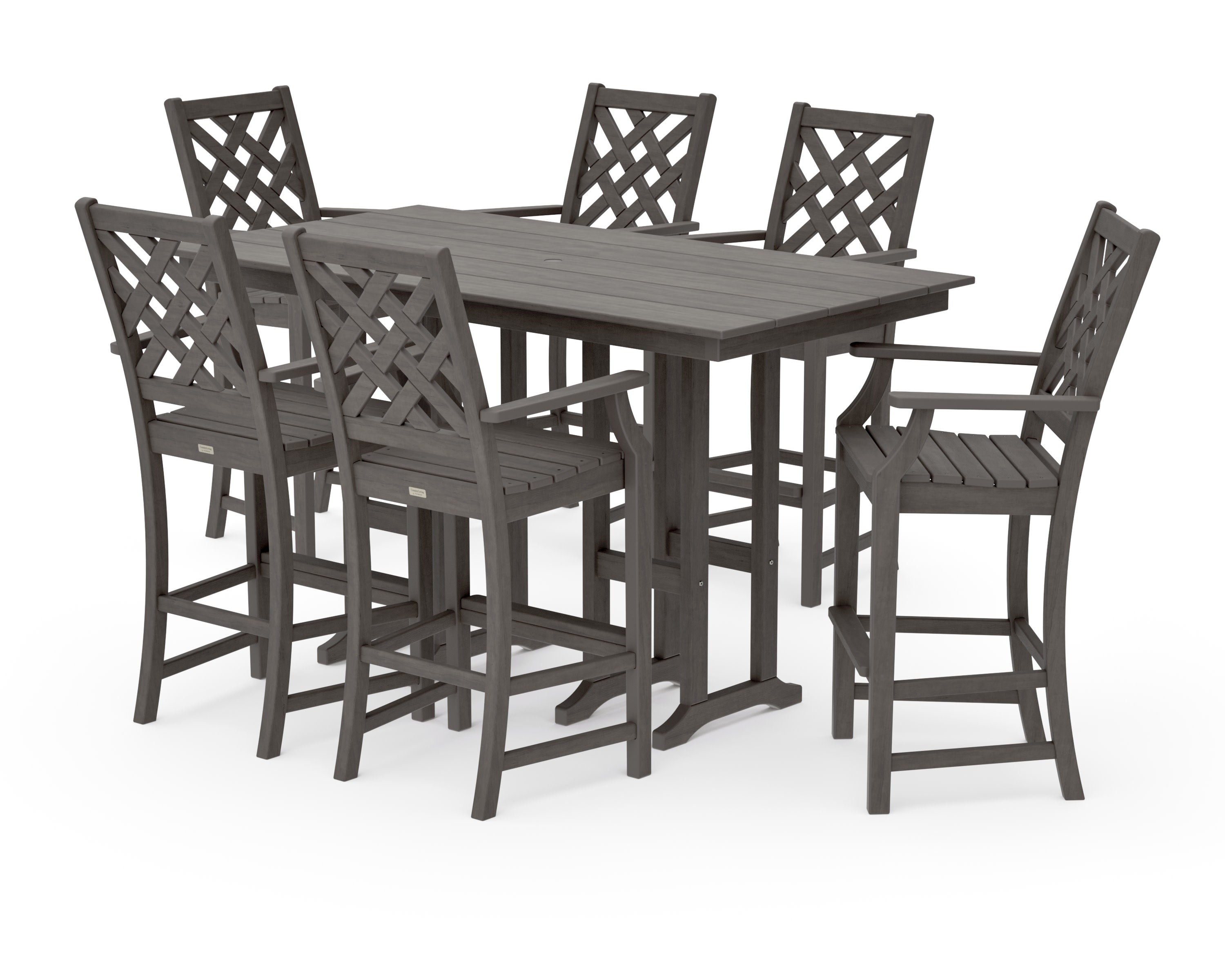 Wovendale Arm Chair 7-Piece Farmhouse Bar Set in Driftwood