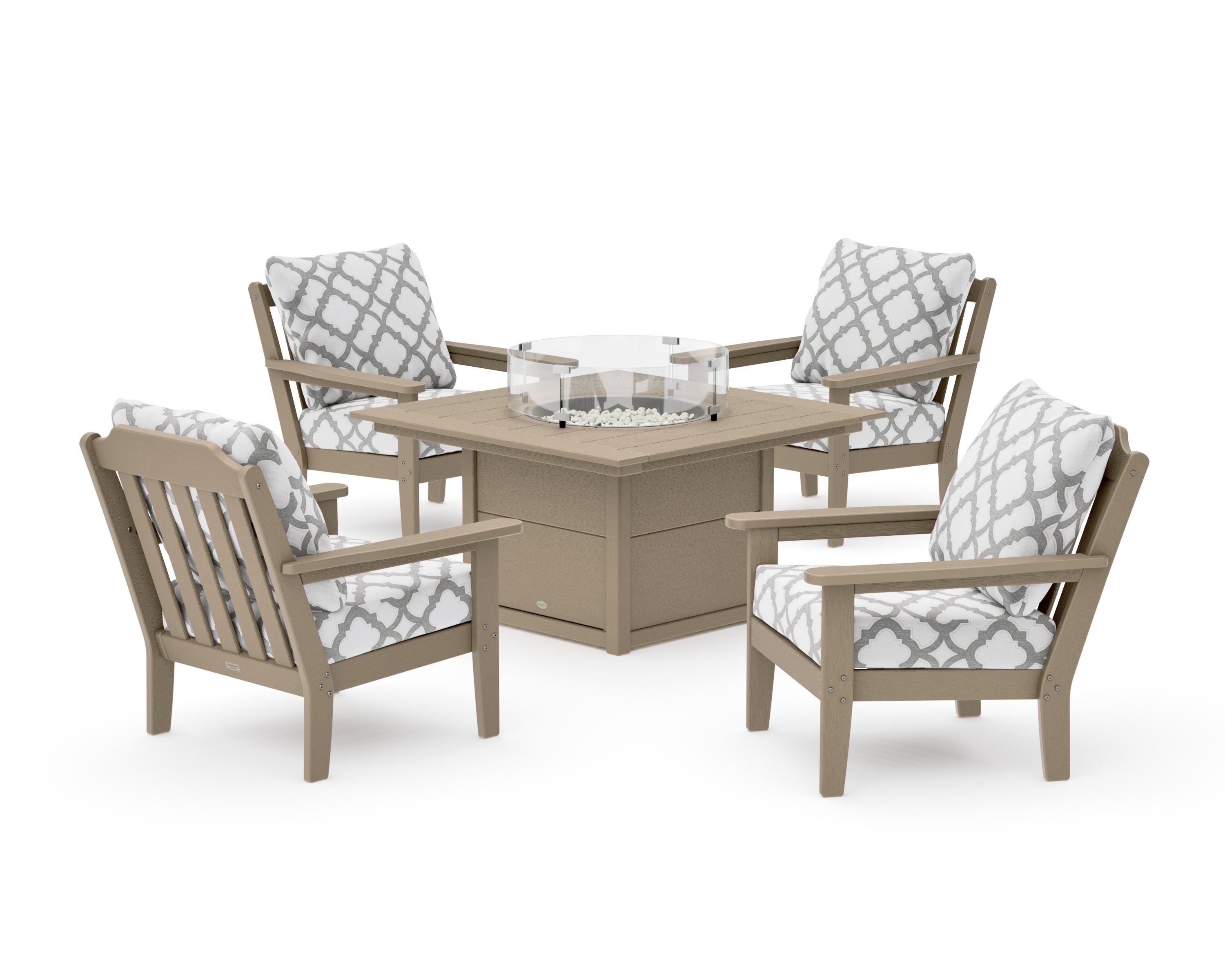Cottage 5-Piece Deep Seating Set with Fire Pit Table in Vintage Sahara / Trellis Grey Mist