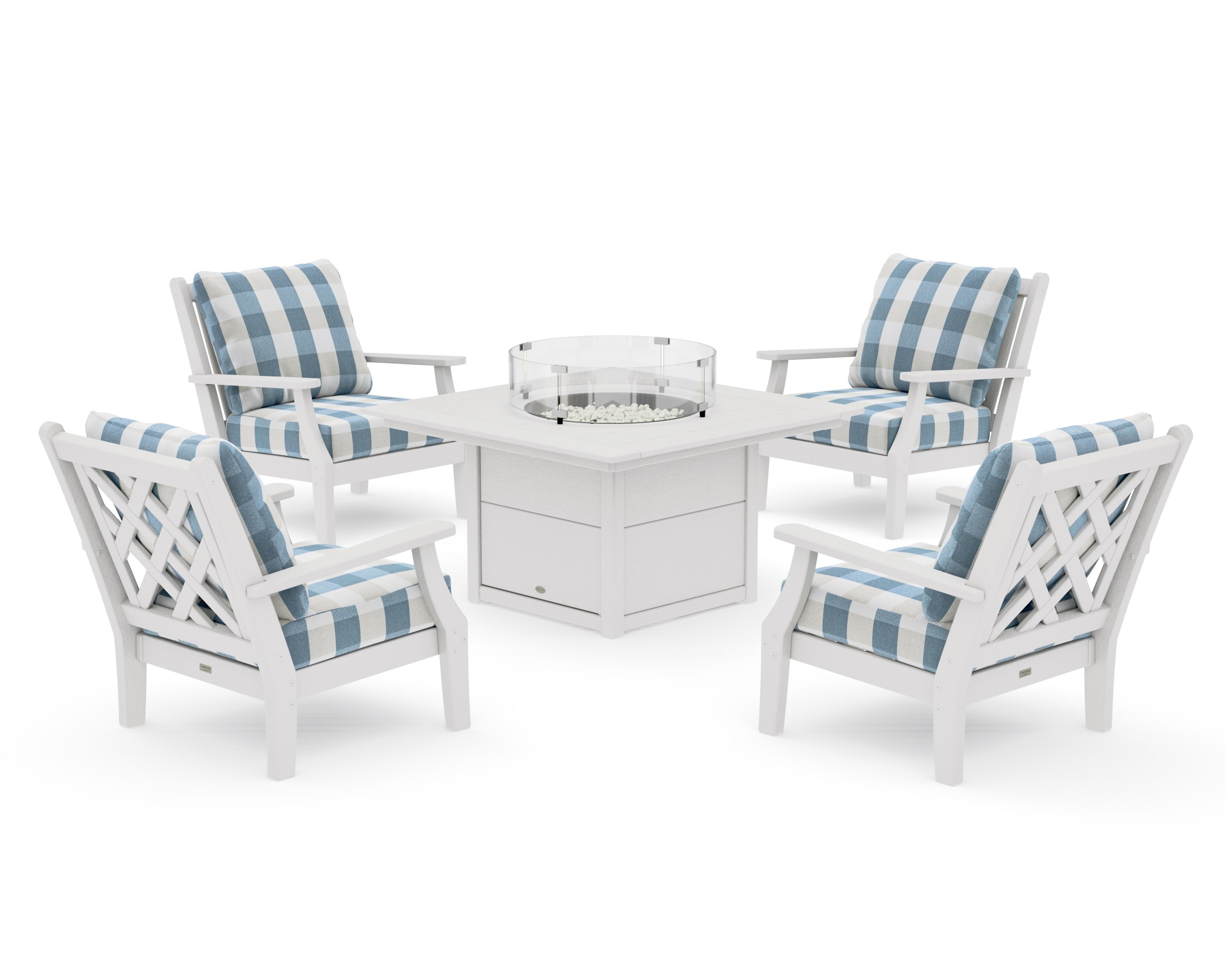 Wovendale 5-Piece Deep Seating Set with Fire Pit Table in Vintage White / Buffalo Plaid Sky Blue