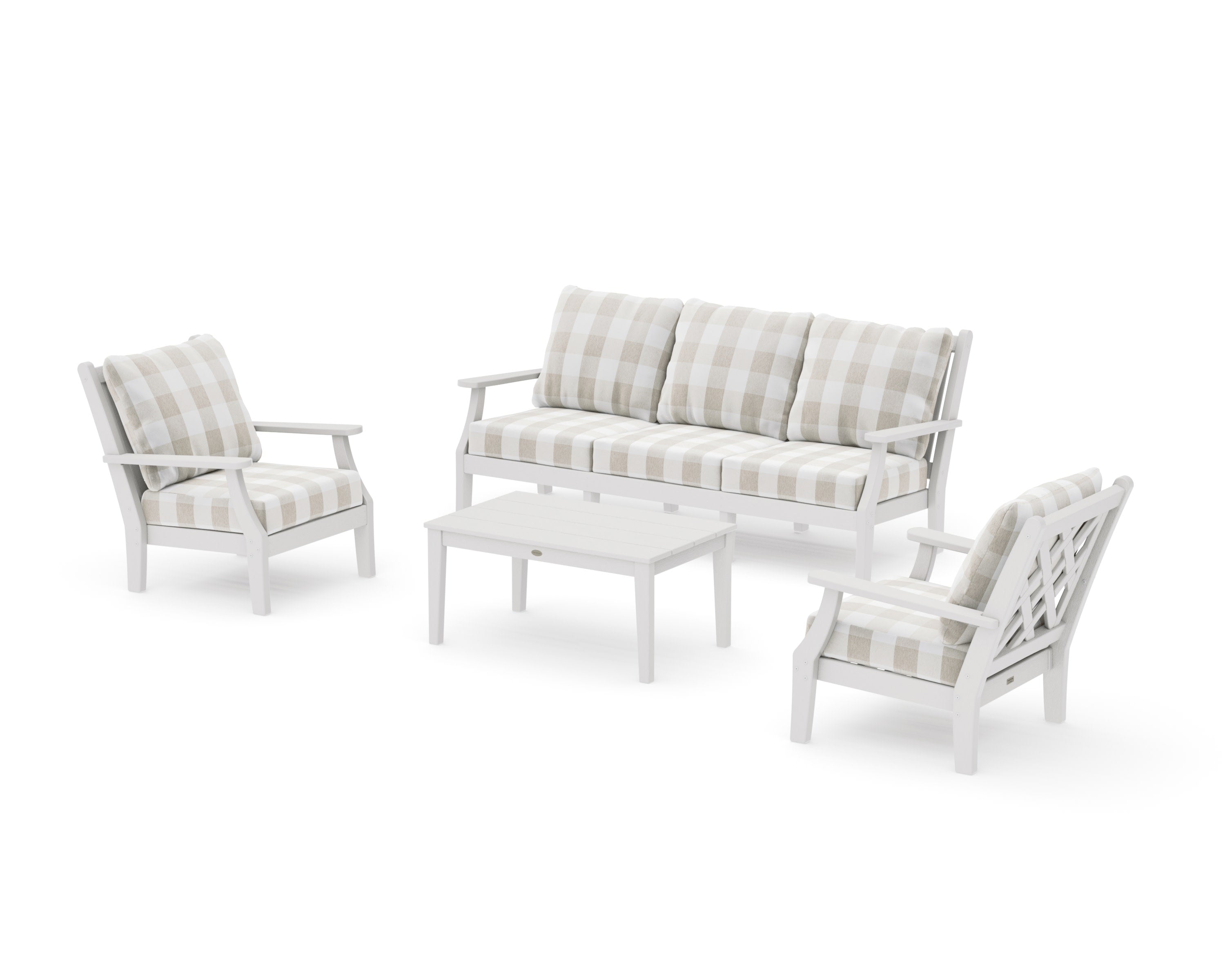 Wovendale 4-Piece Deep Seating Set with Sofa in Vintage White / Buffalo Plaid Dune Burlap