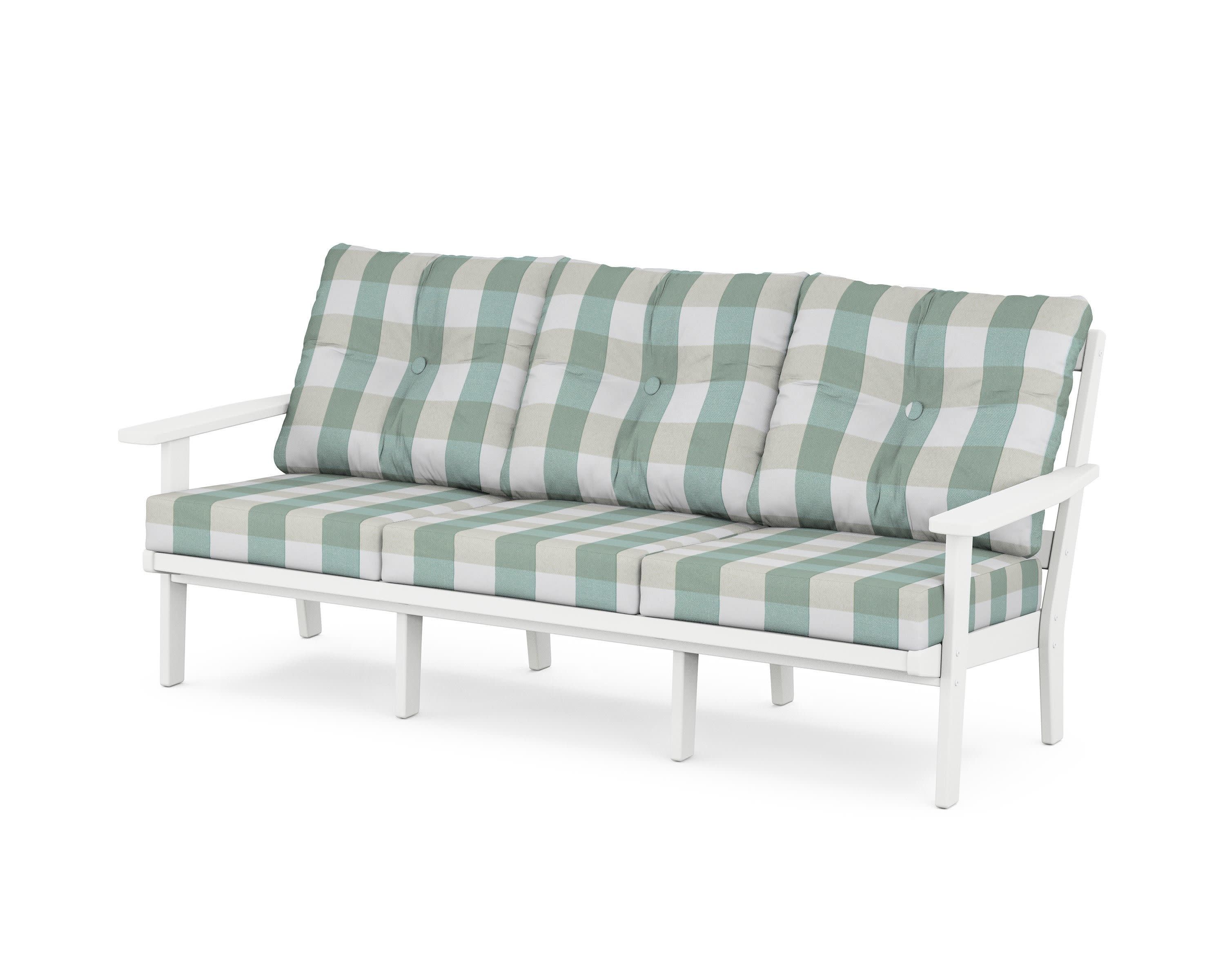 PrairieDeep Seating Sofa in White / Buffalo Plaid Glacier Spa