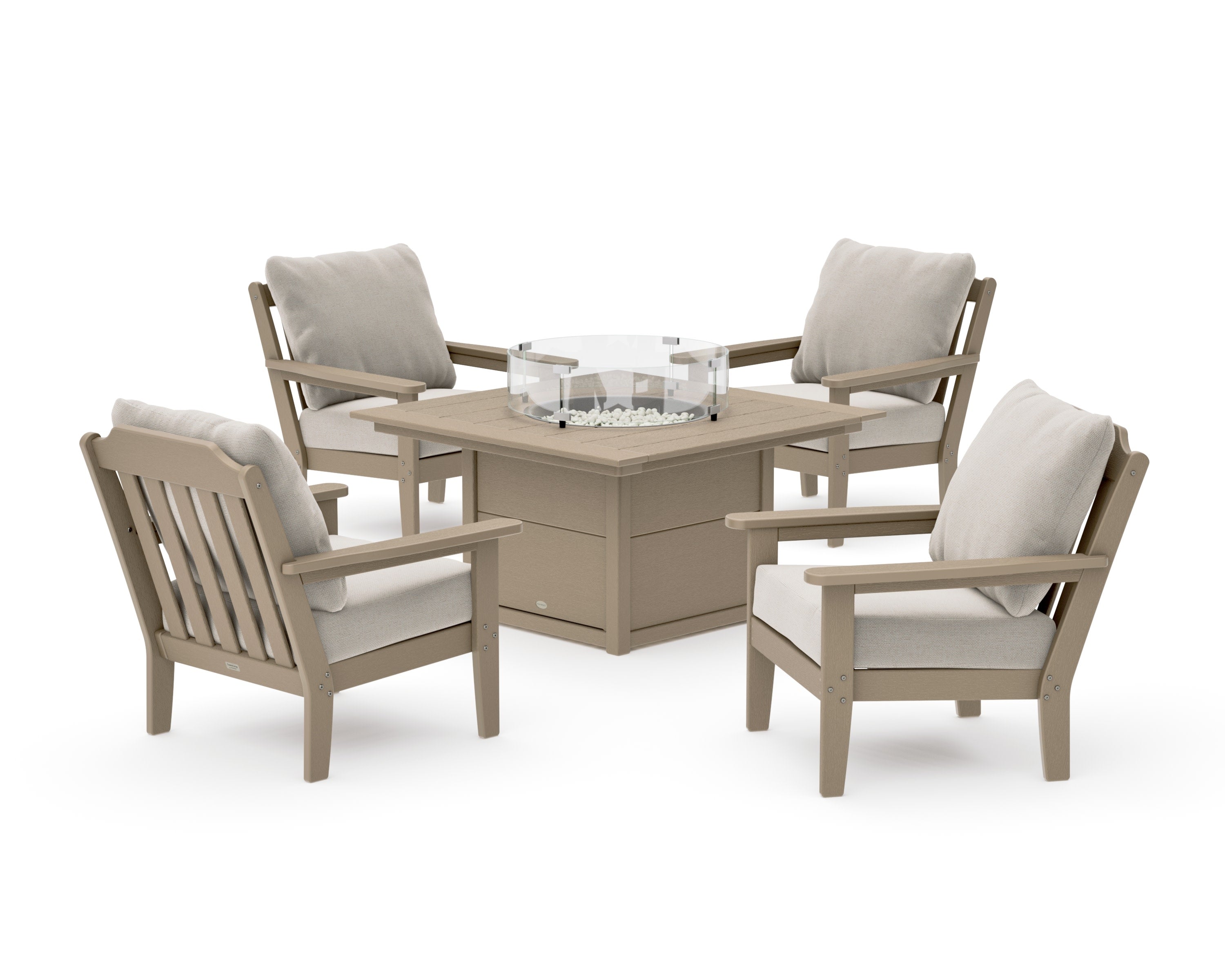 Cottage 5-Piece Deep Seating Set with Fire Pit Table in Vintage Sahara / Dune Burlap