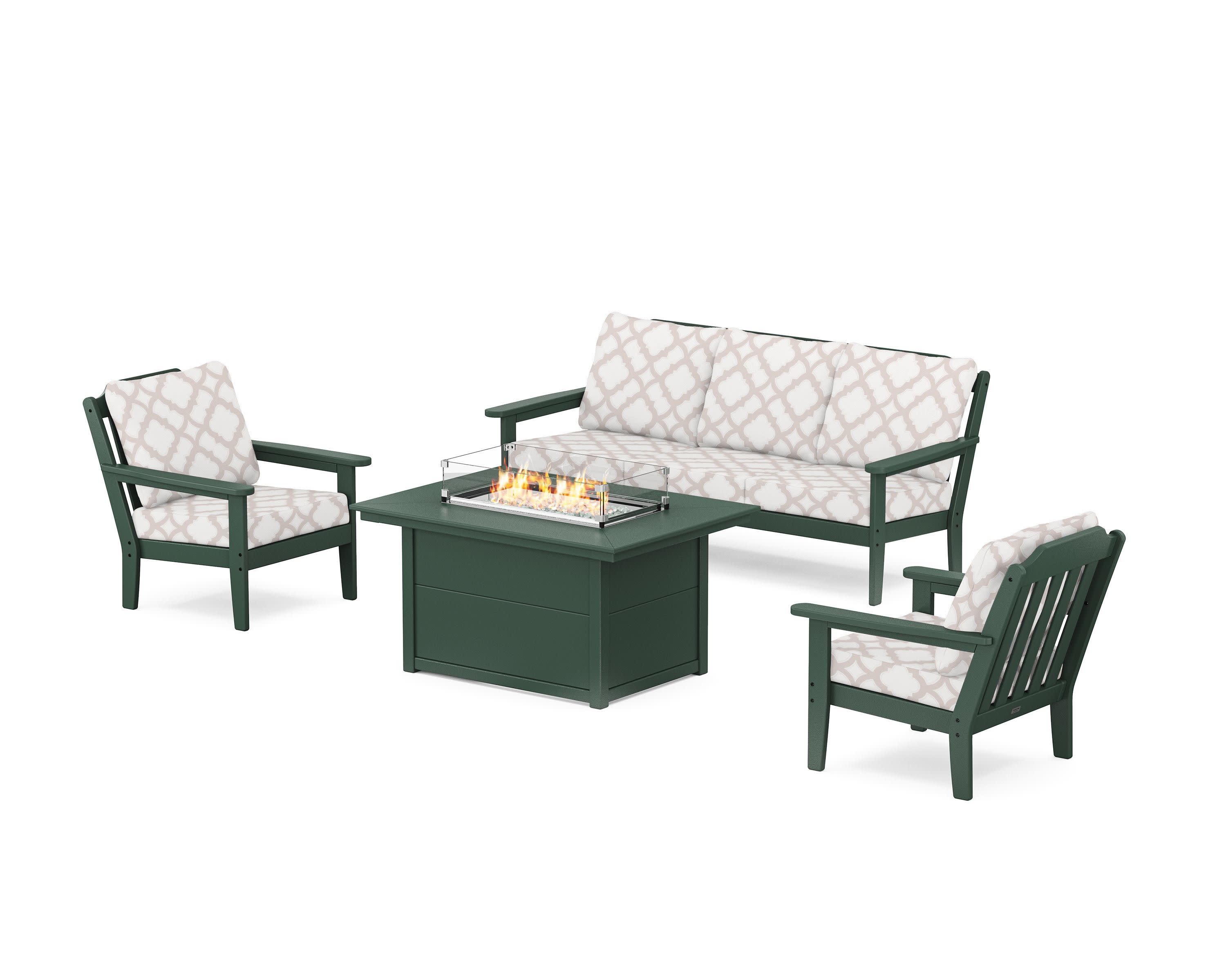 Cottage Deep Seating Fire Pit Table Set in Green / Trellis Dune Burlap