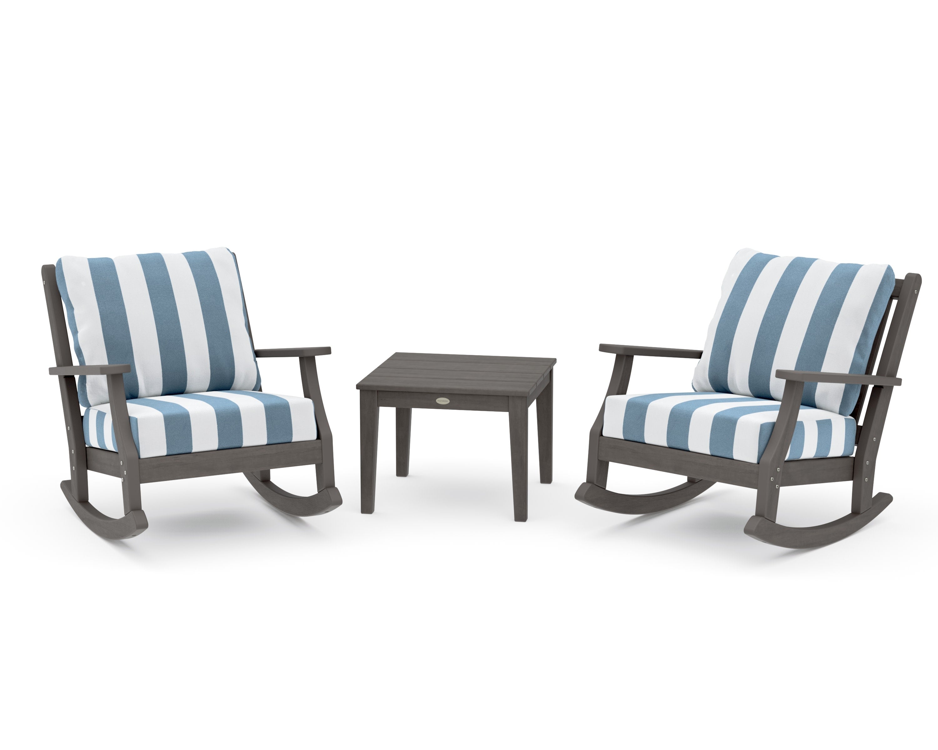 Wovendale 3-Piece Deep Seating Rocker Set in Driftwood / Cabana Stripe Sky Blue
