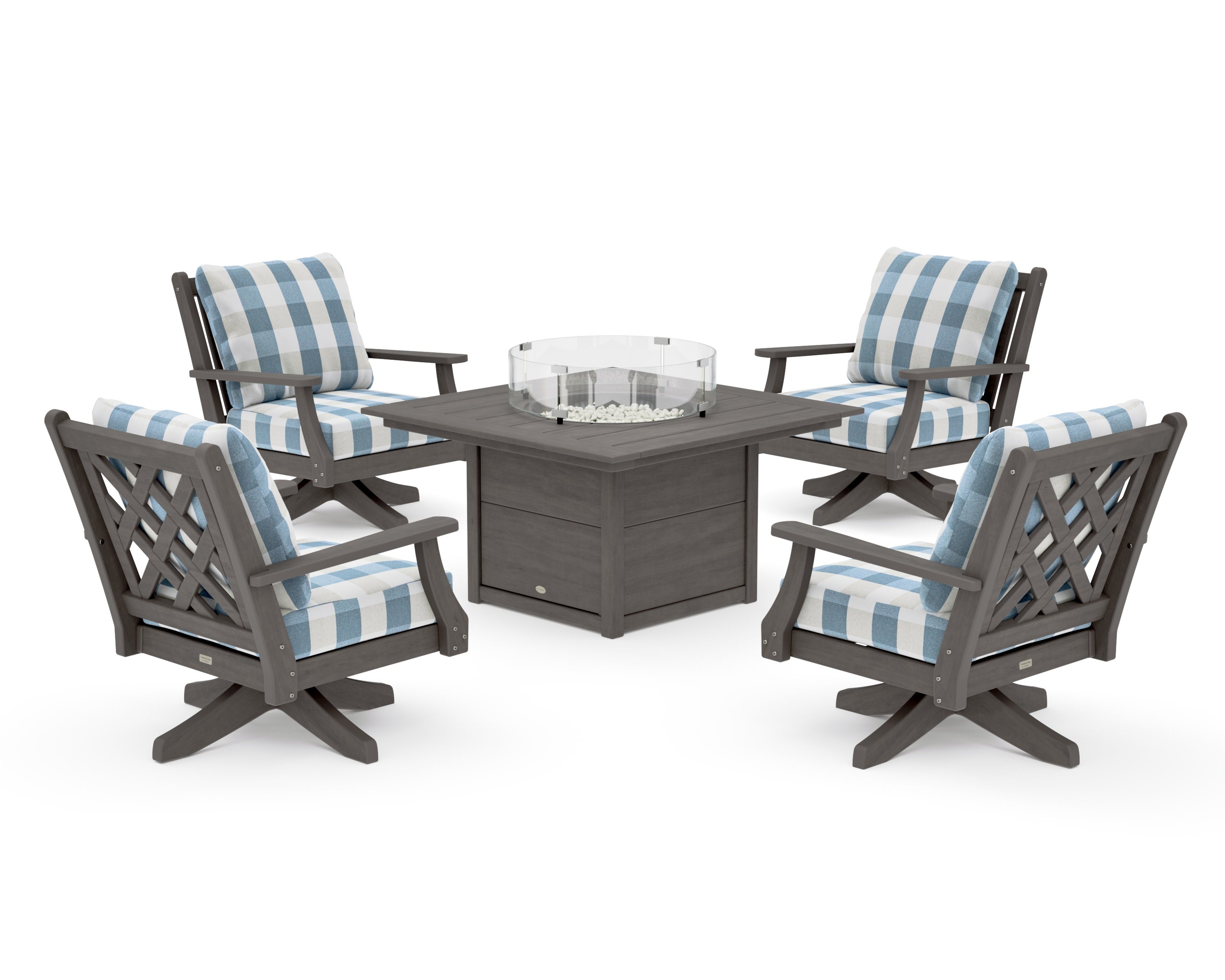 Wovendale 5-Piece Deep Seating Swivel Conversation Set with Fire Pit Table in Driftwood / Buffalo Plaid Sky Blue