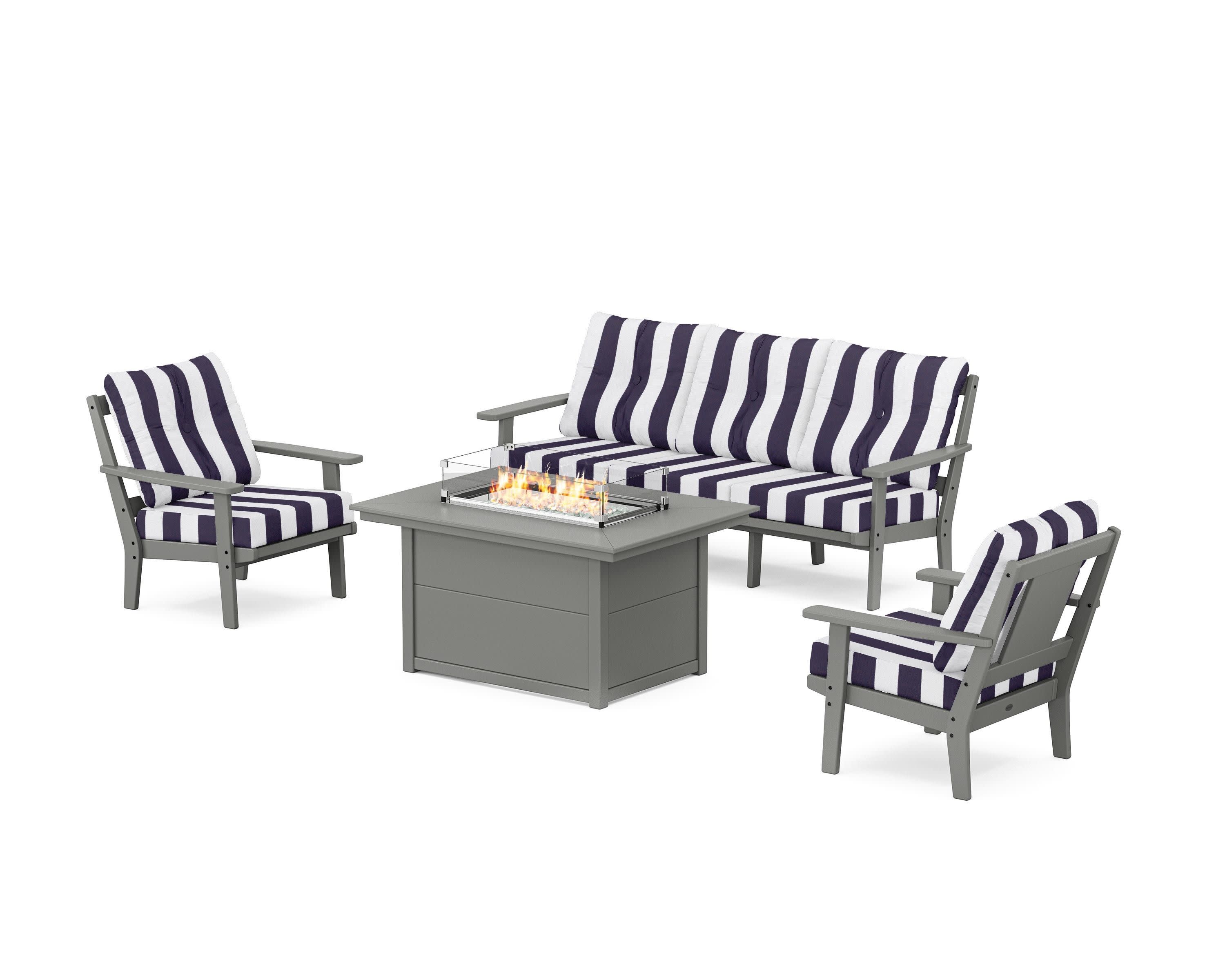 Prairie Deep Seating Fire Pit Table Set in Slate Grey / Cabana Stripe Navy