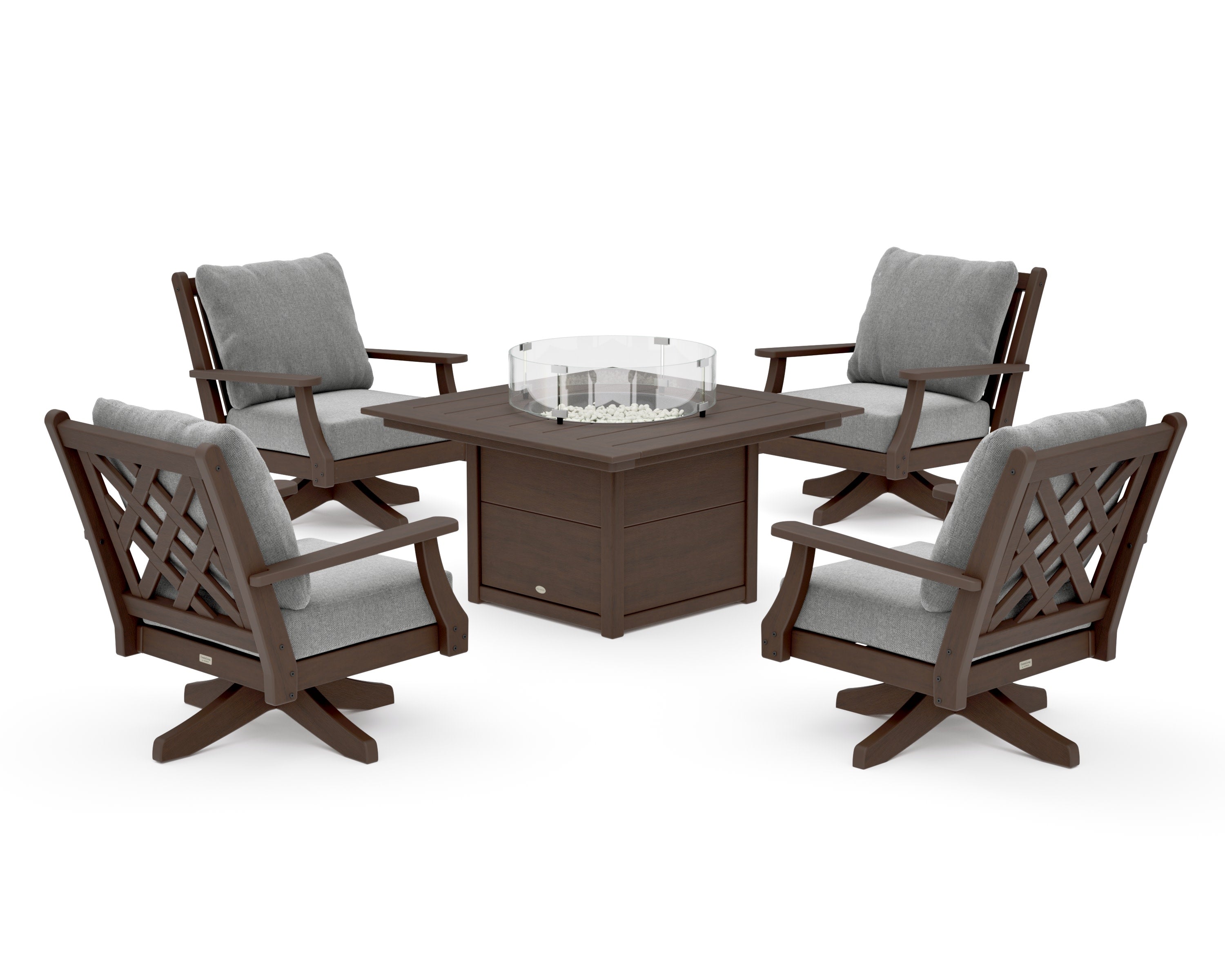 Wovendale 5-Piece Deep Seating Swivel Conversation Set with Fire Pit Table in Kona / Grey Mist