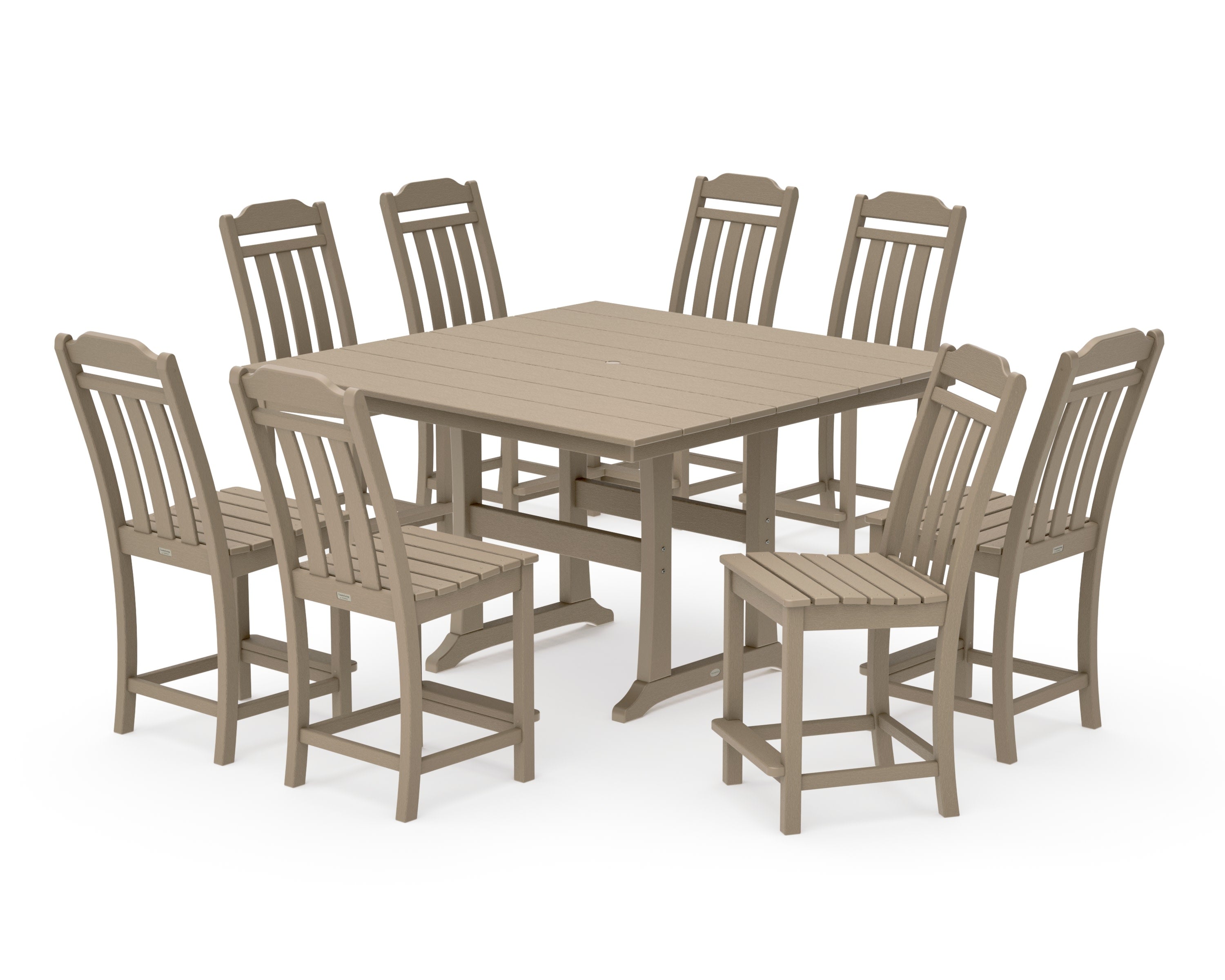 Cottage 9-Piece Square Farmhouse Side Chair Counter Set with Trestle Legs in Vintage Sahara
