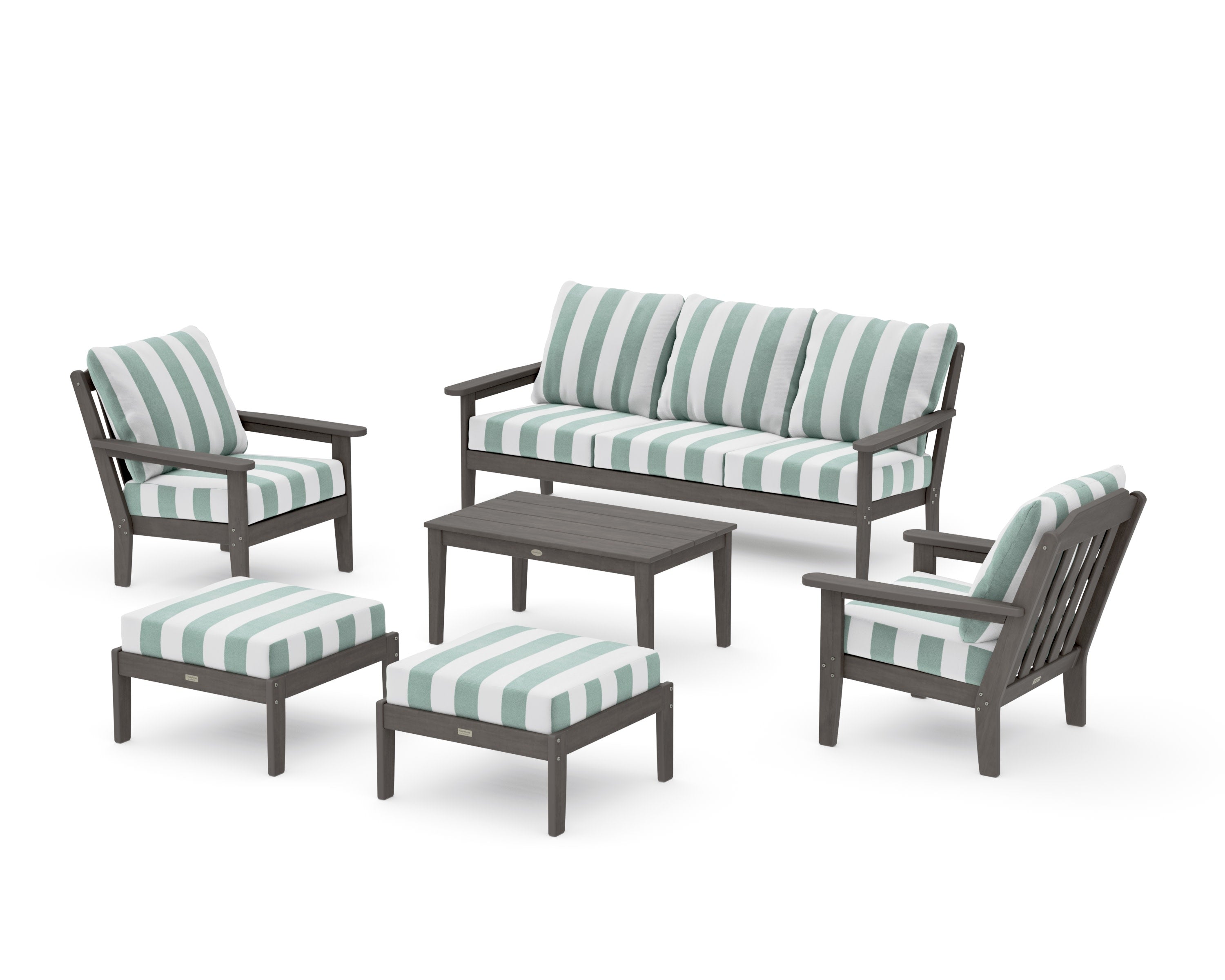 Cottage 6-Piece Lounge Sofa Set in Driftwood / Cabana Stripe Glacier Spa