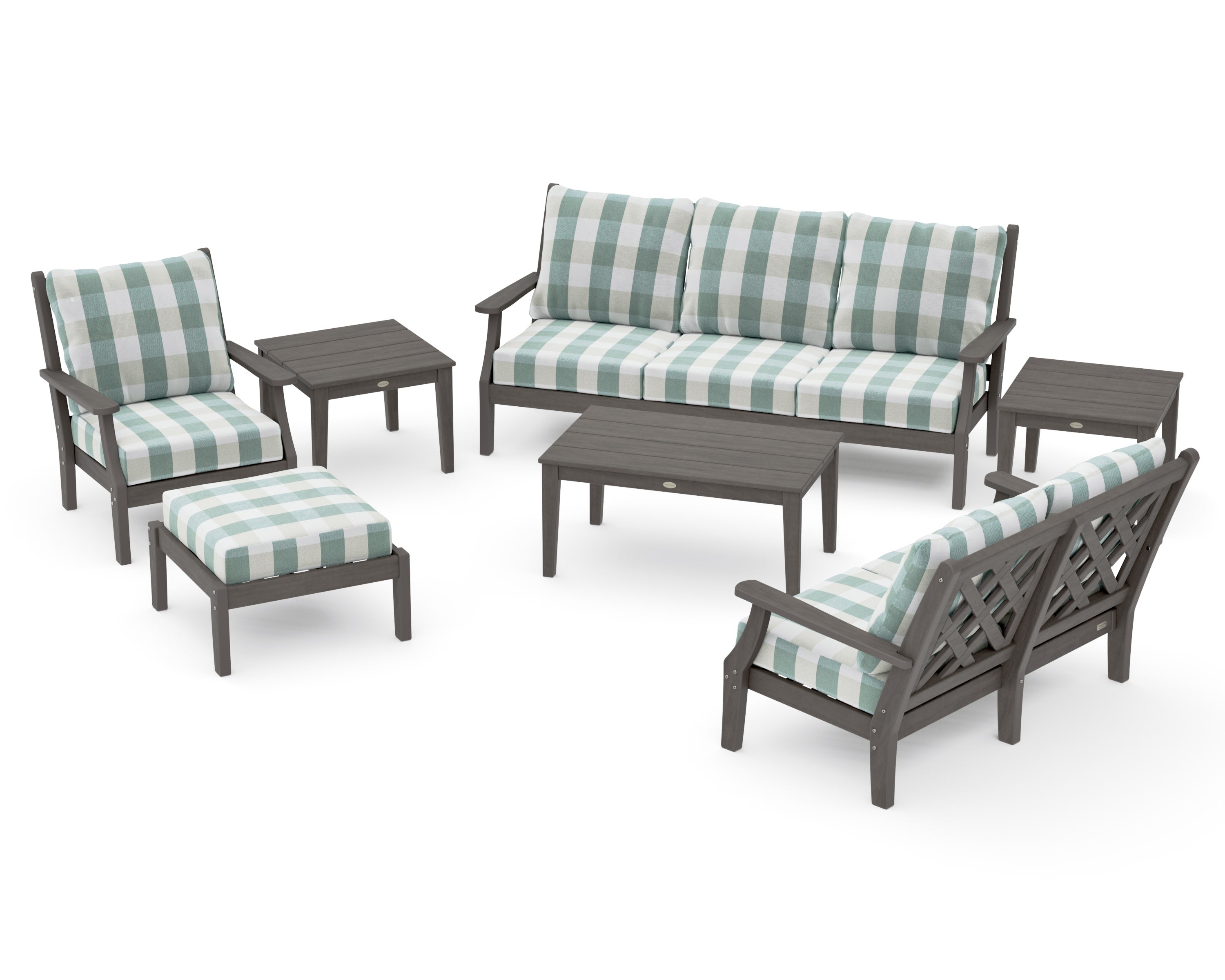 Wovendale 7-Piece Deep Seating Set in Driftwood / Buffalo Plaid Glacier Spa