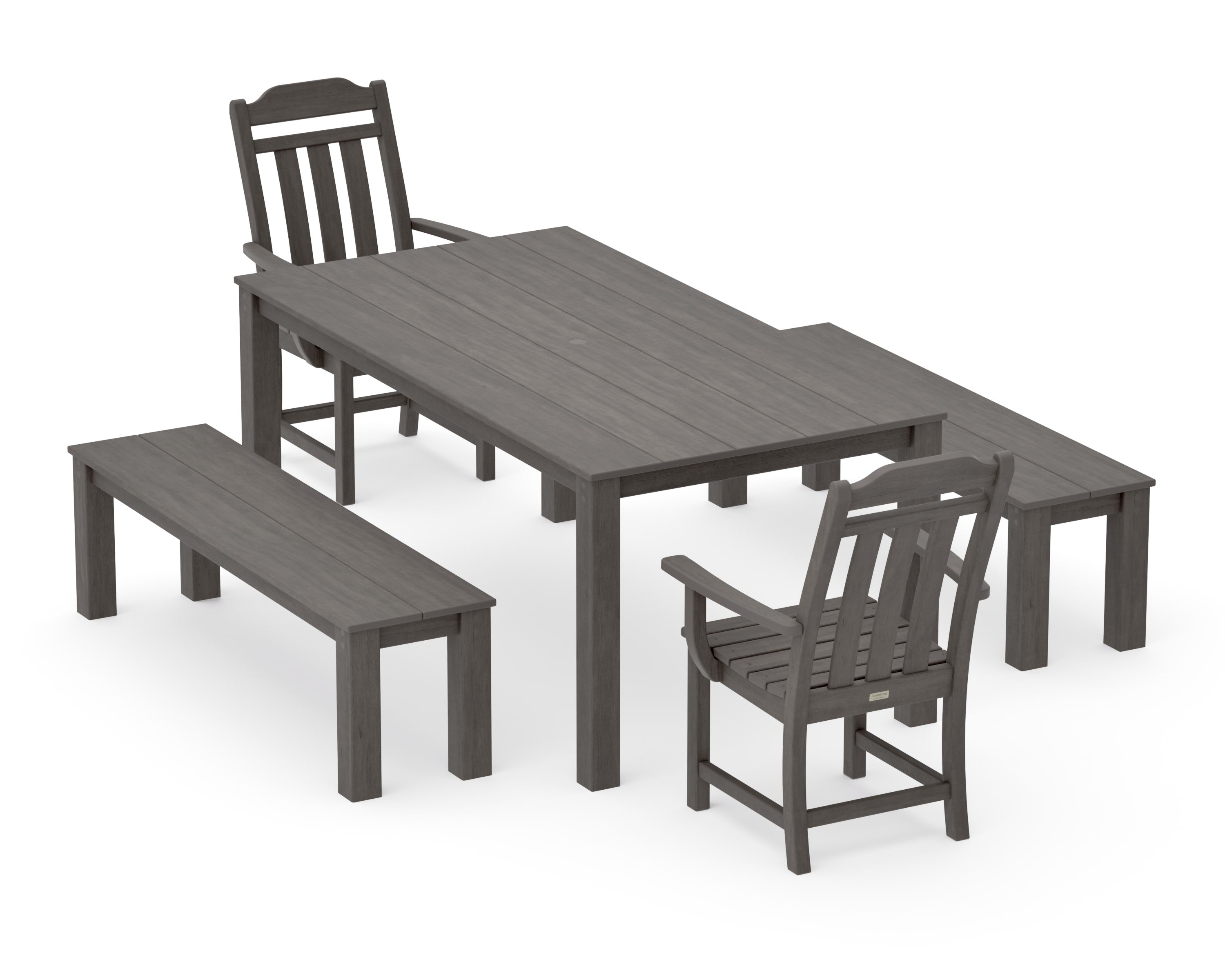 Cottage 5-Piece Parsons Dining Set with Benches in Driftwood