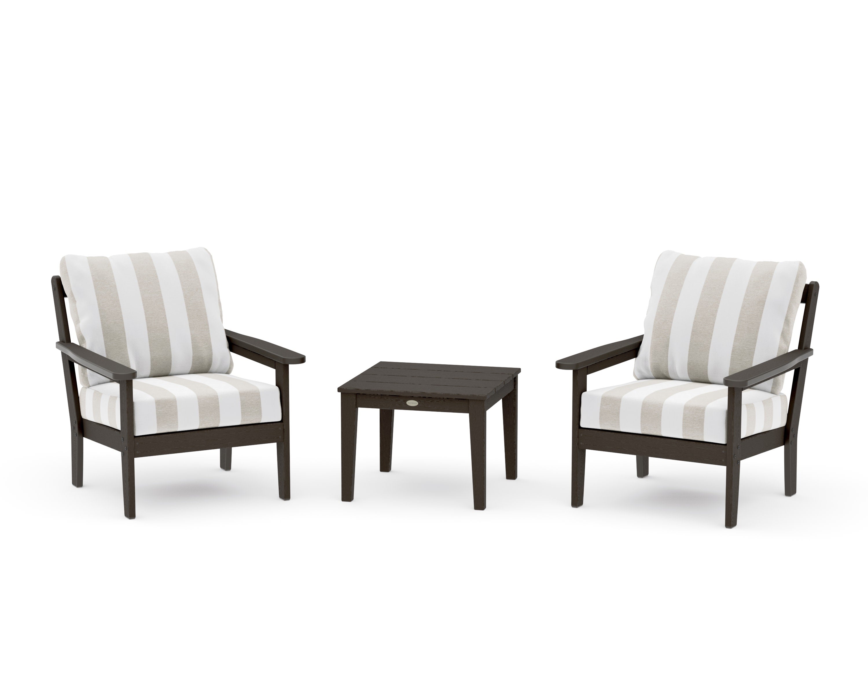 Cottage 3-Piece Deep Seating Set in Vintage Coffee / Cabana Stripe Dune Burlap