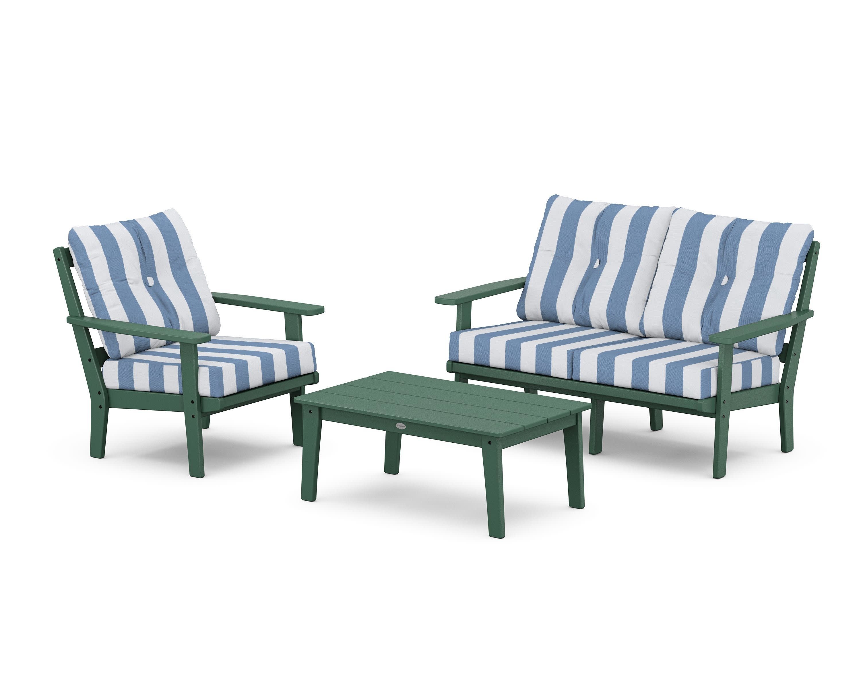 Prairie 3-Piece Deep Seating Set with Loveseat in Green / Cabana Stripe Sky Blue