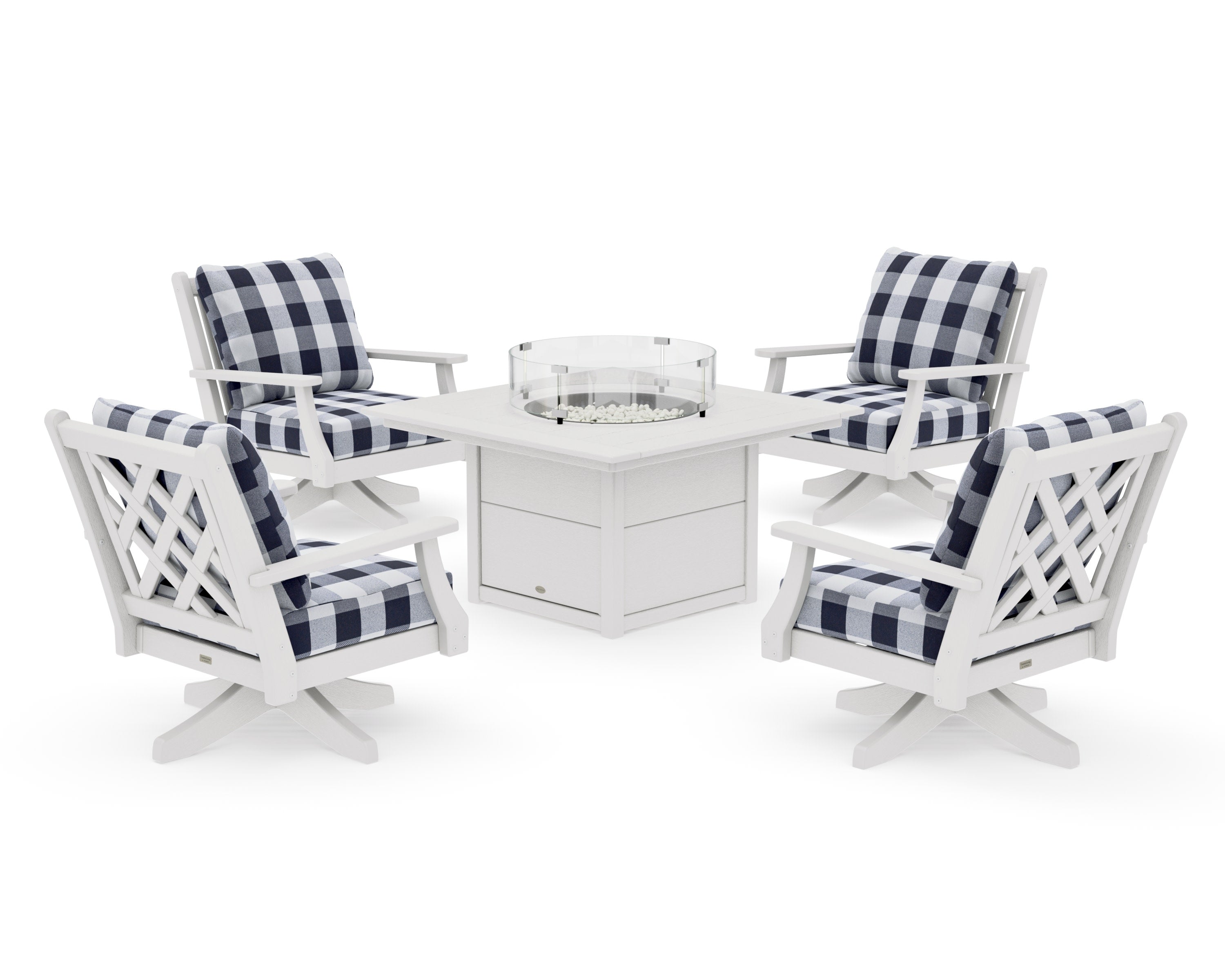 Wovendale 5-Piece Deep Seating Swivel Conversation Set with Fire Pit Table in Vintage White / Buffalo Plaid Navy