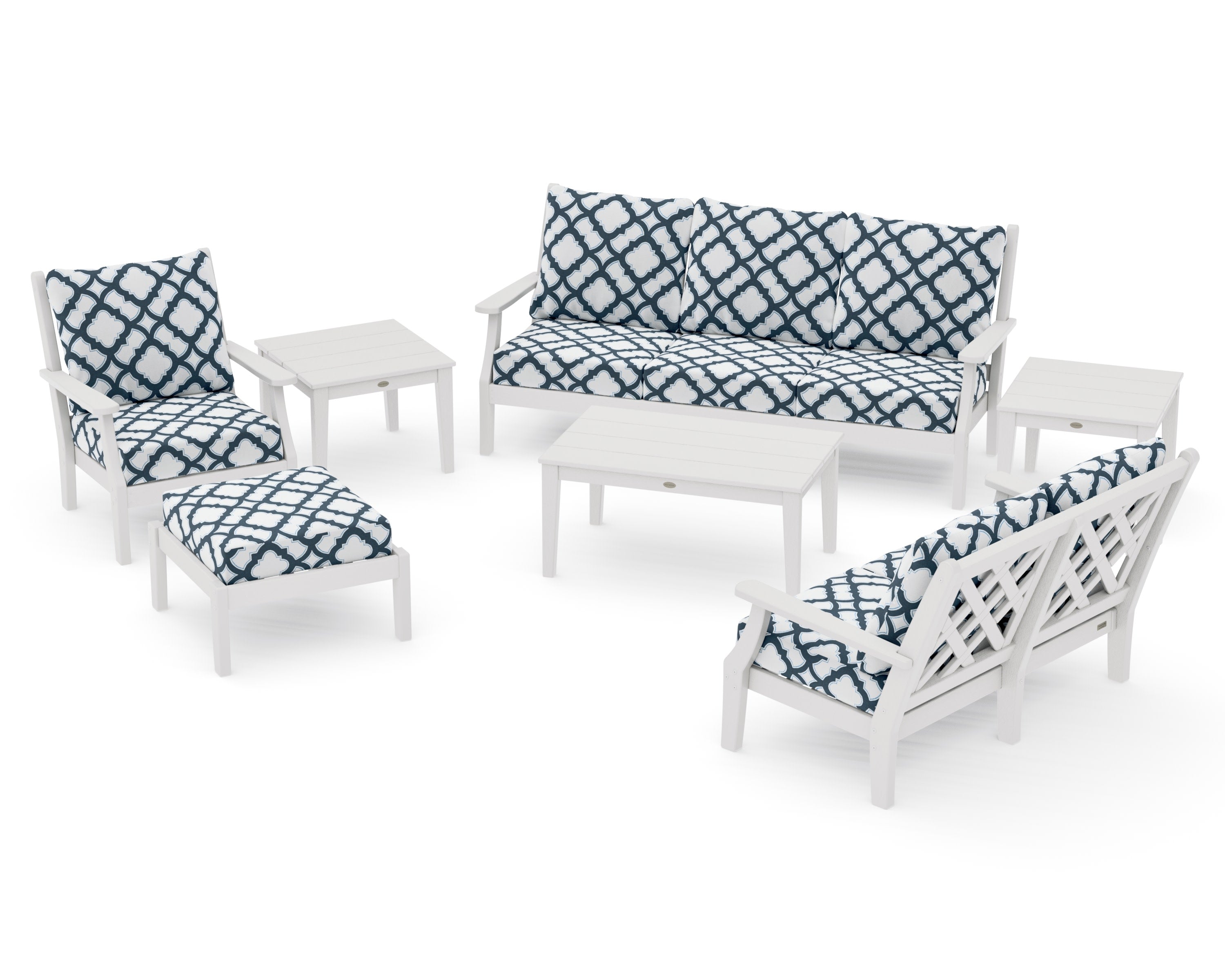Wovendale 7-Piece Deep Seating Set in Vintage White / Trellis Marine Indigo