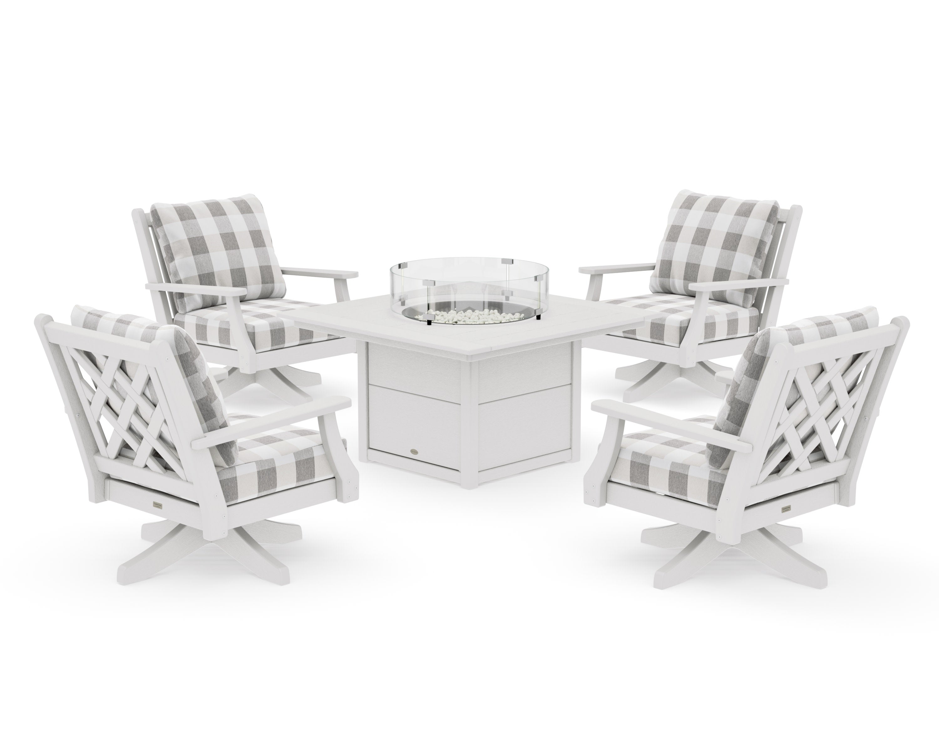 Wovendale 5-Piece Deep Seating Swivel Conversation Set with Fire Pit Table in Vintage White / Buffalo Plaid Grey Mist