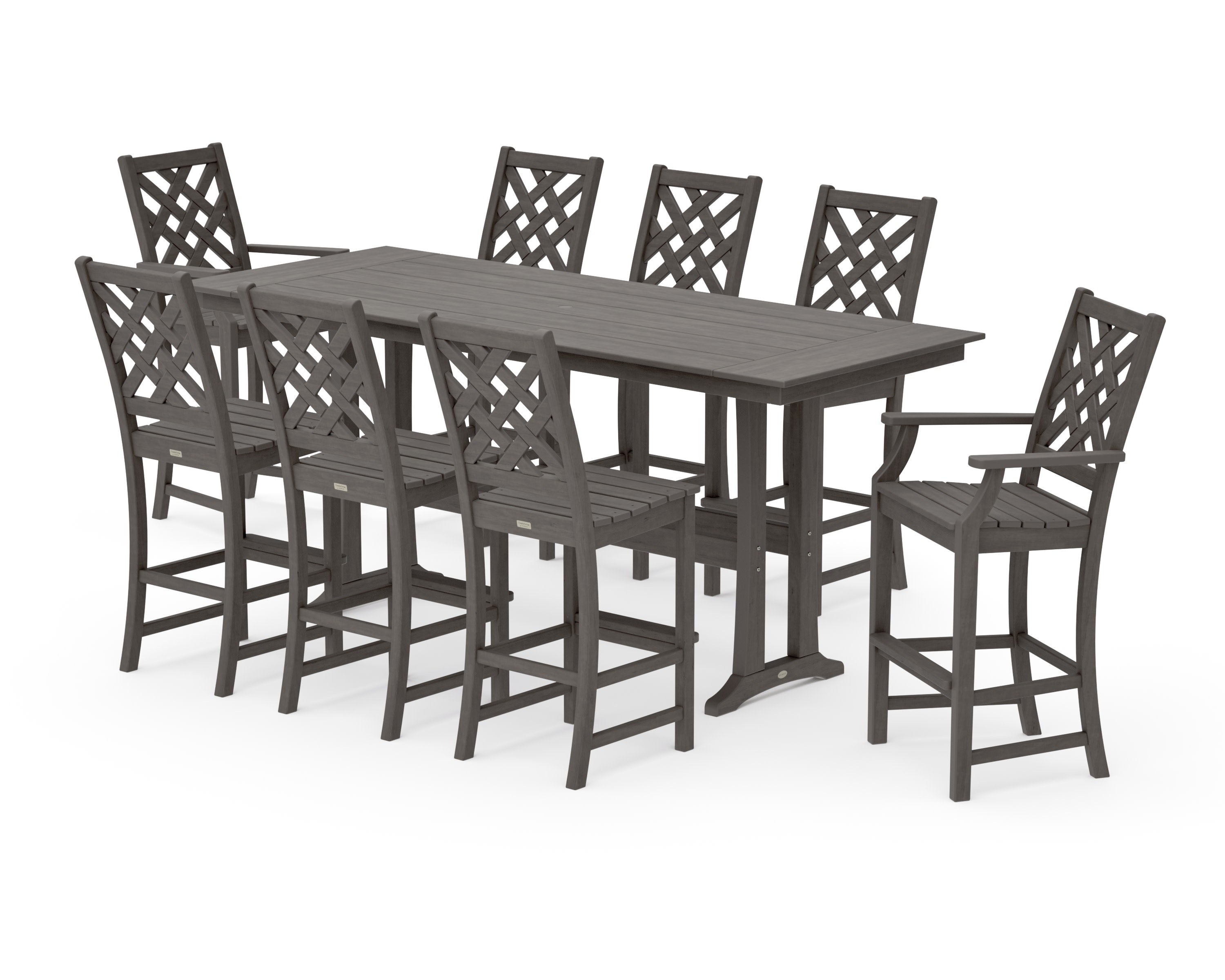 Wovendale 9-Piece Farmhouse Bar Set with Trestle Legs in Driftwood