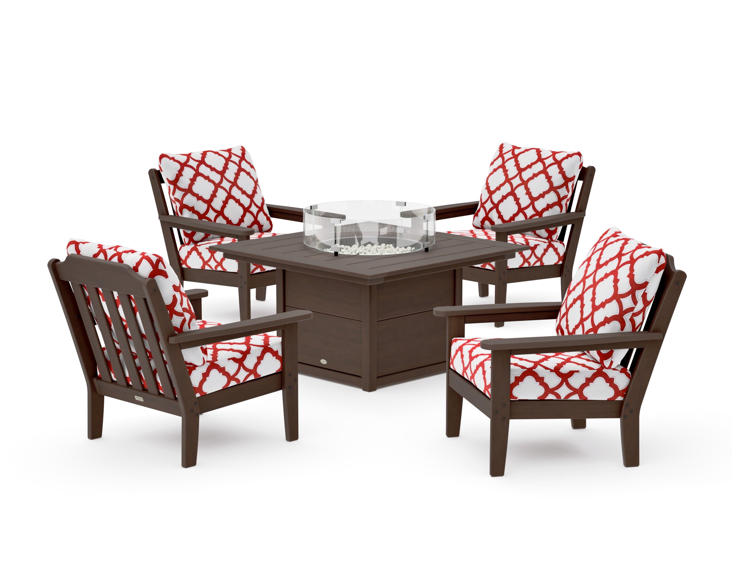 Cottage 5-Piece Deep Seating Set with Fire Pit Table in Kona / Trellis Crimson