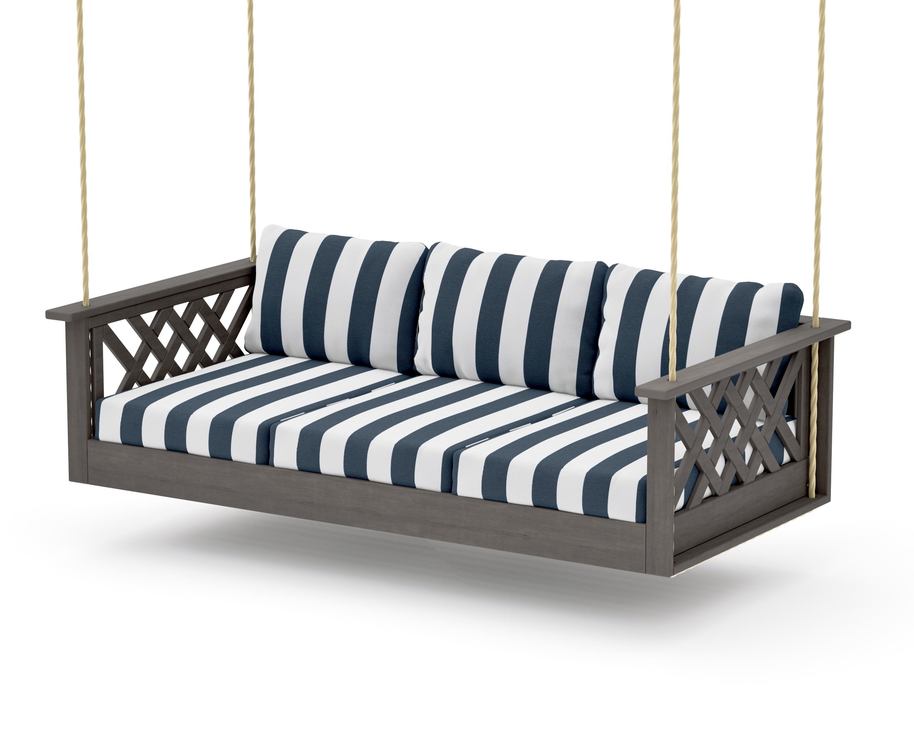 Wovendale Daybed Swing in Driftwood / Cabana Stripe Marine Indigo