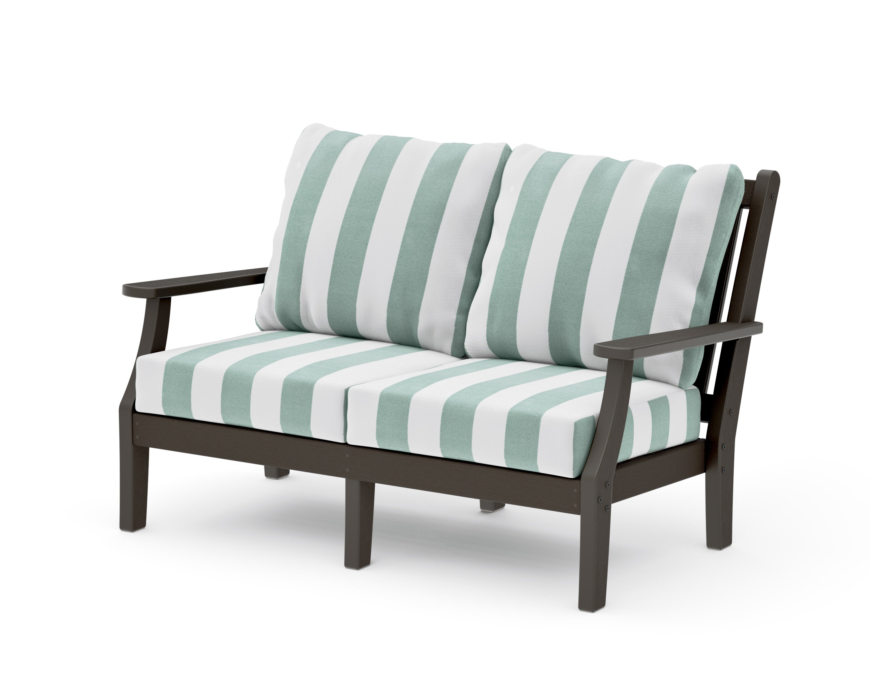 Wovendale Deep Seating Loveseat in Vintage Coffee / Cabana Stripe Glacier Spa