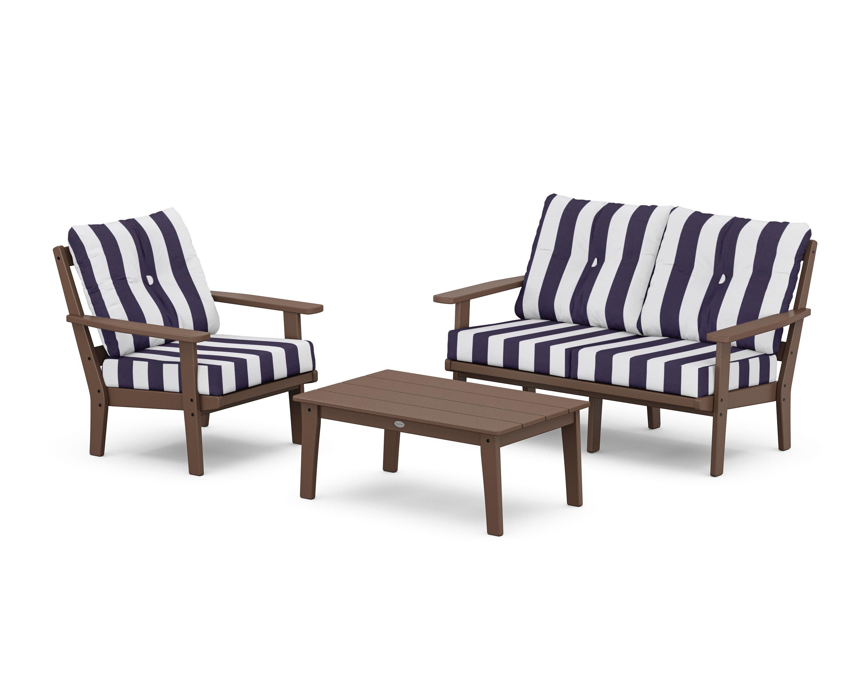 Prairie 3-Piece Deep Seating Set with Loveseat in Mahogany / Cabana Stripe Navy