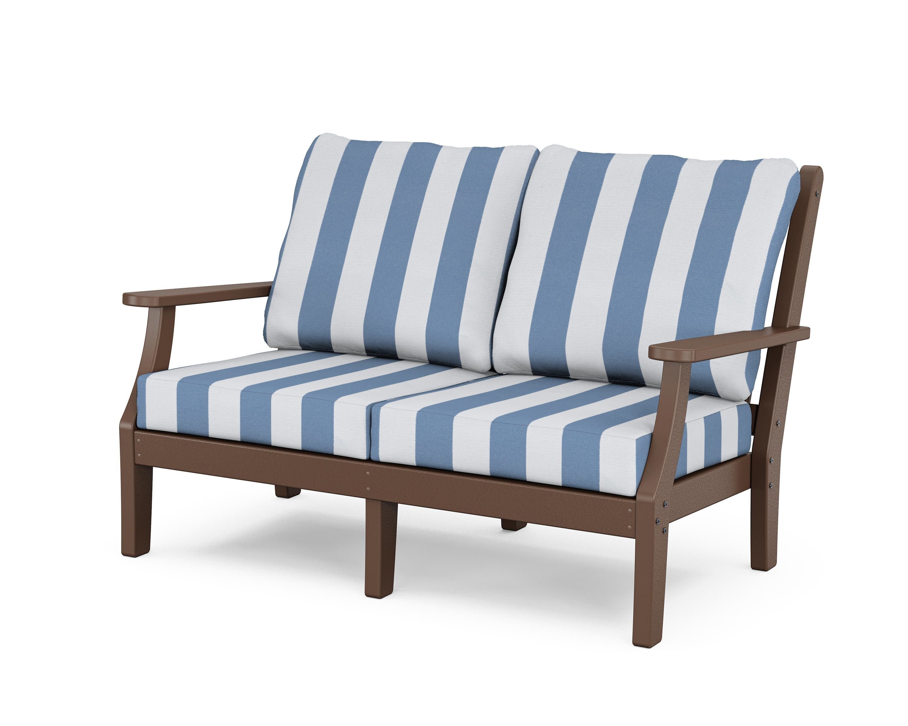 Wovendale Deep Seating Loveseat in Mahogany / Cabana Stripe Sky Blue