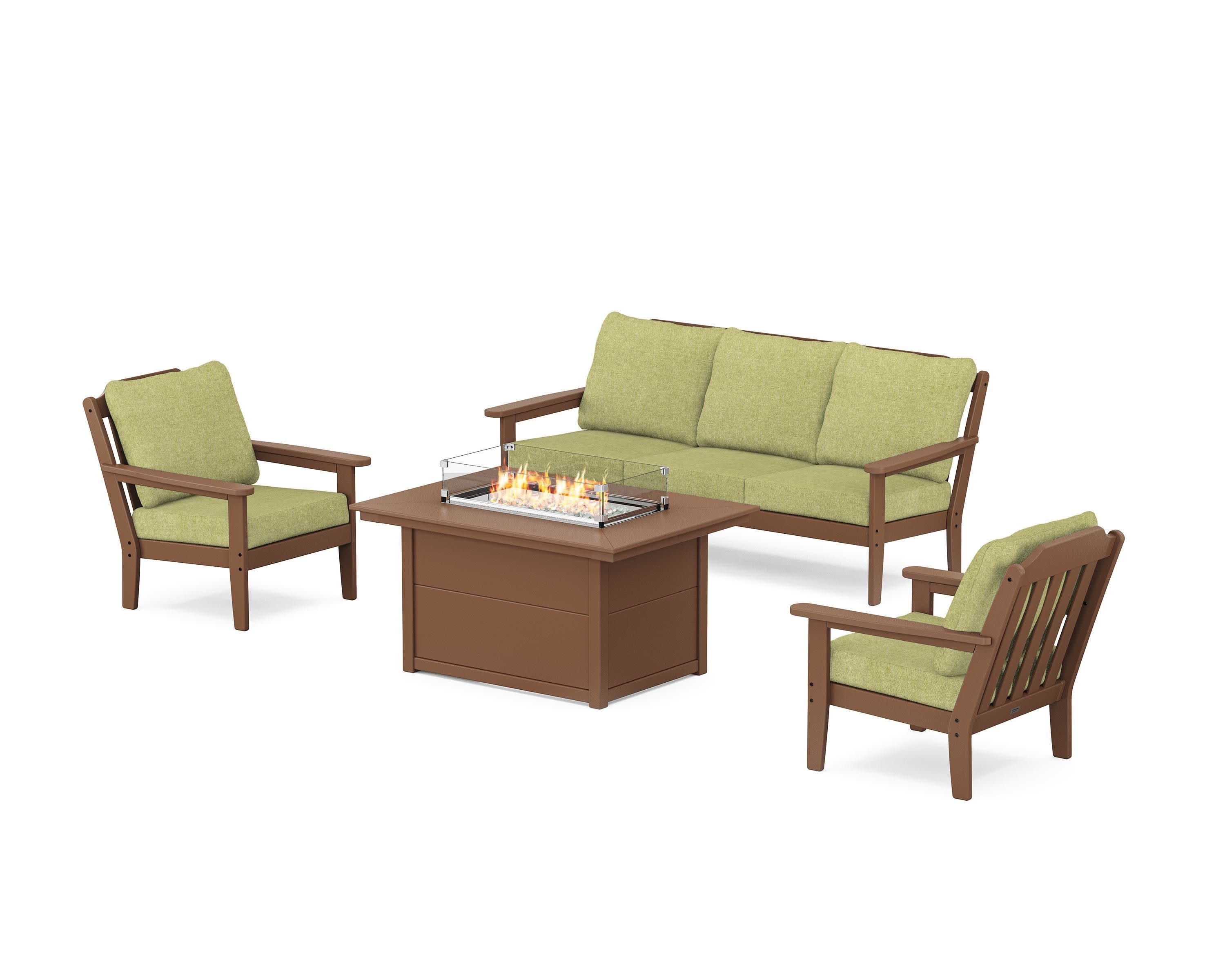 Cottage Deep Seating Fire Pit Table Set in Teak / Chartreuse Boucle
