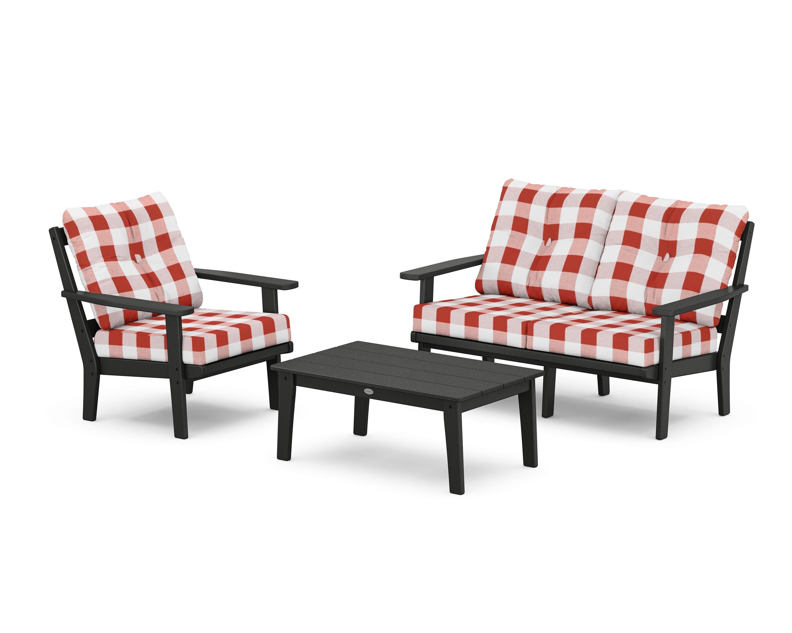 Prairie 3-Piece Deep Seating Set with Loveseat in Black / Buffalo Plaid Crimson