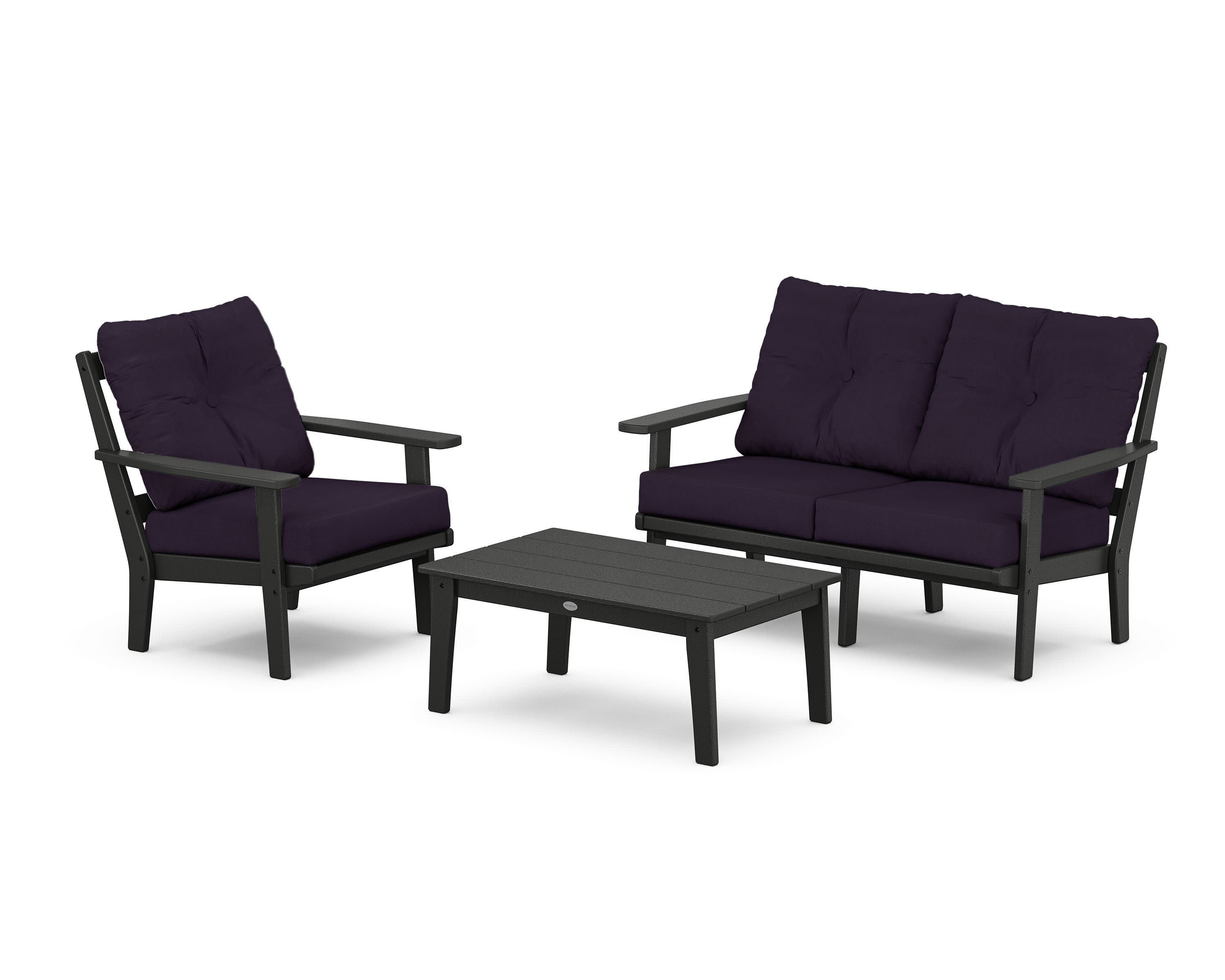 Prairie 3-Piece Deep Seating Set with Loveseat in Black / Navy Linen
