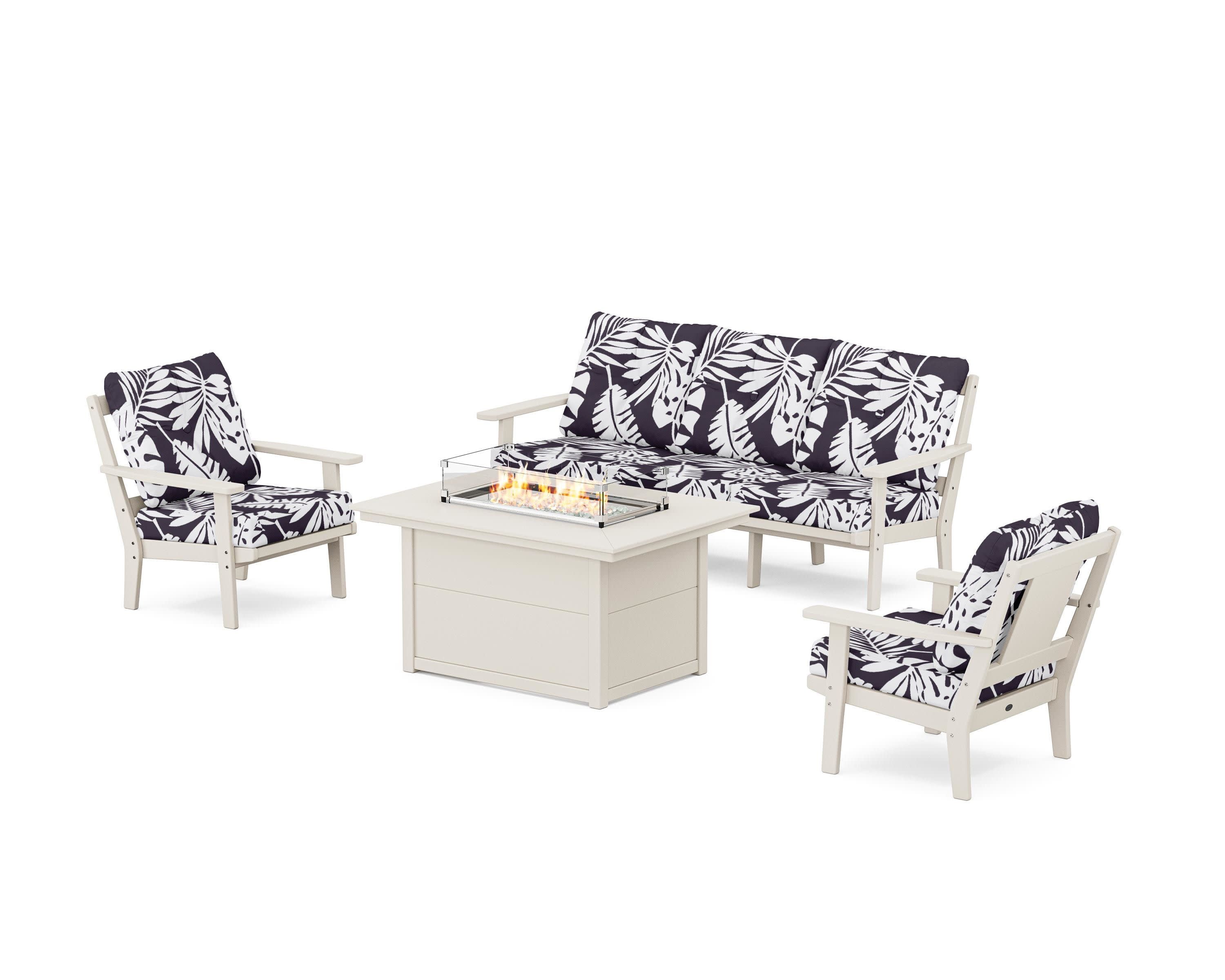 Prairie Deep Seating Fire Pit Table Set in Sand / Leaf Navy