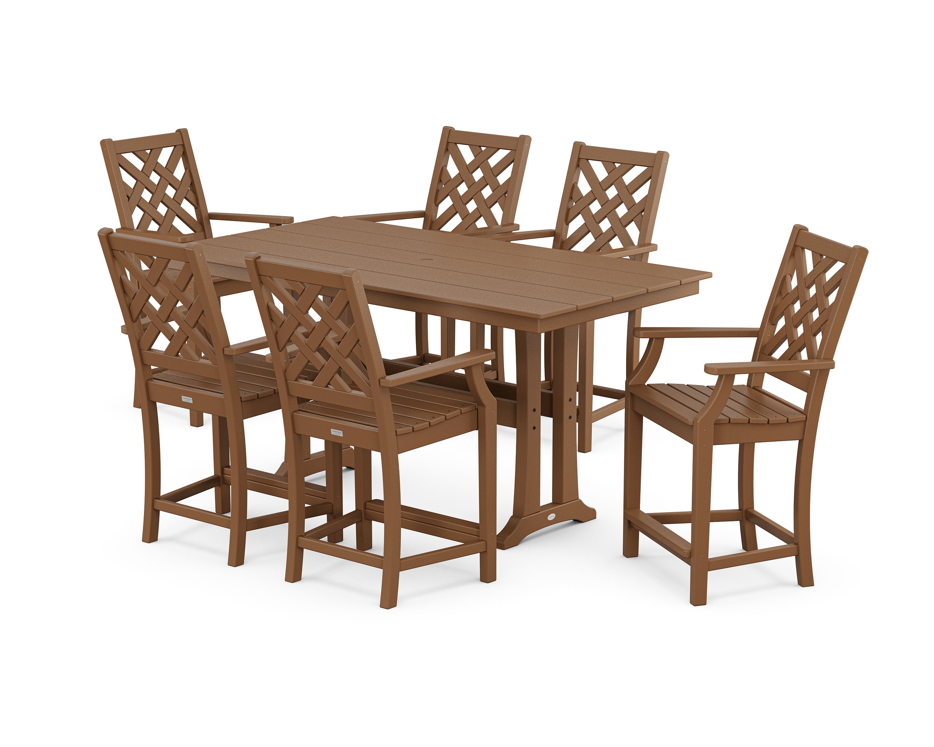 Wovendale Arm Chair 7-Piece Farmhouse Counter Set with Trestle Legs in Teak