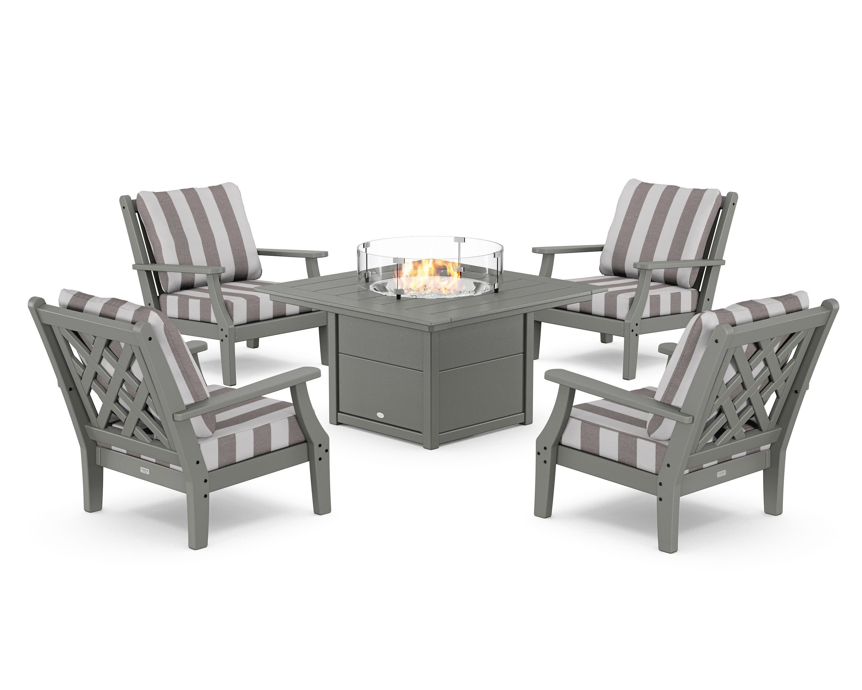 Wovendale 5-Piece Deep Seating Set with Fire Pit Table in Slate Grey / Cabana Stripe Grey Mist