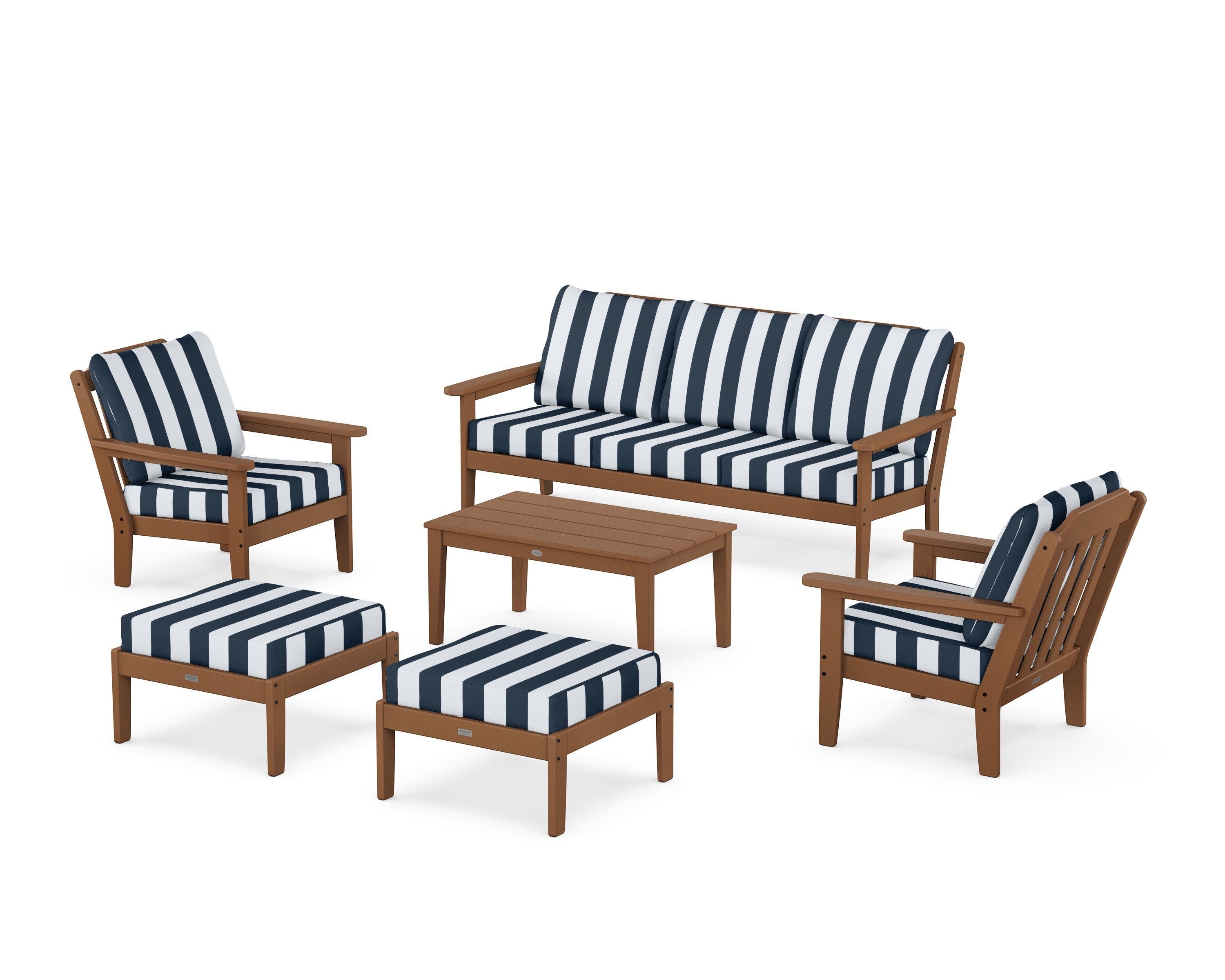 Cottage 6-Piece Lounge Sofa Set in Teak / Cabana Stripe Marine Indigo