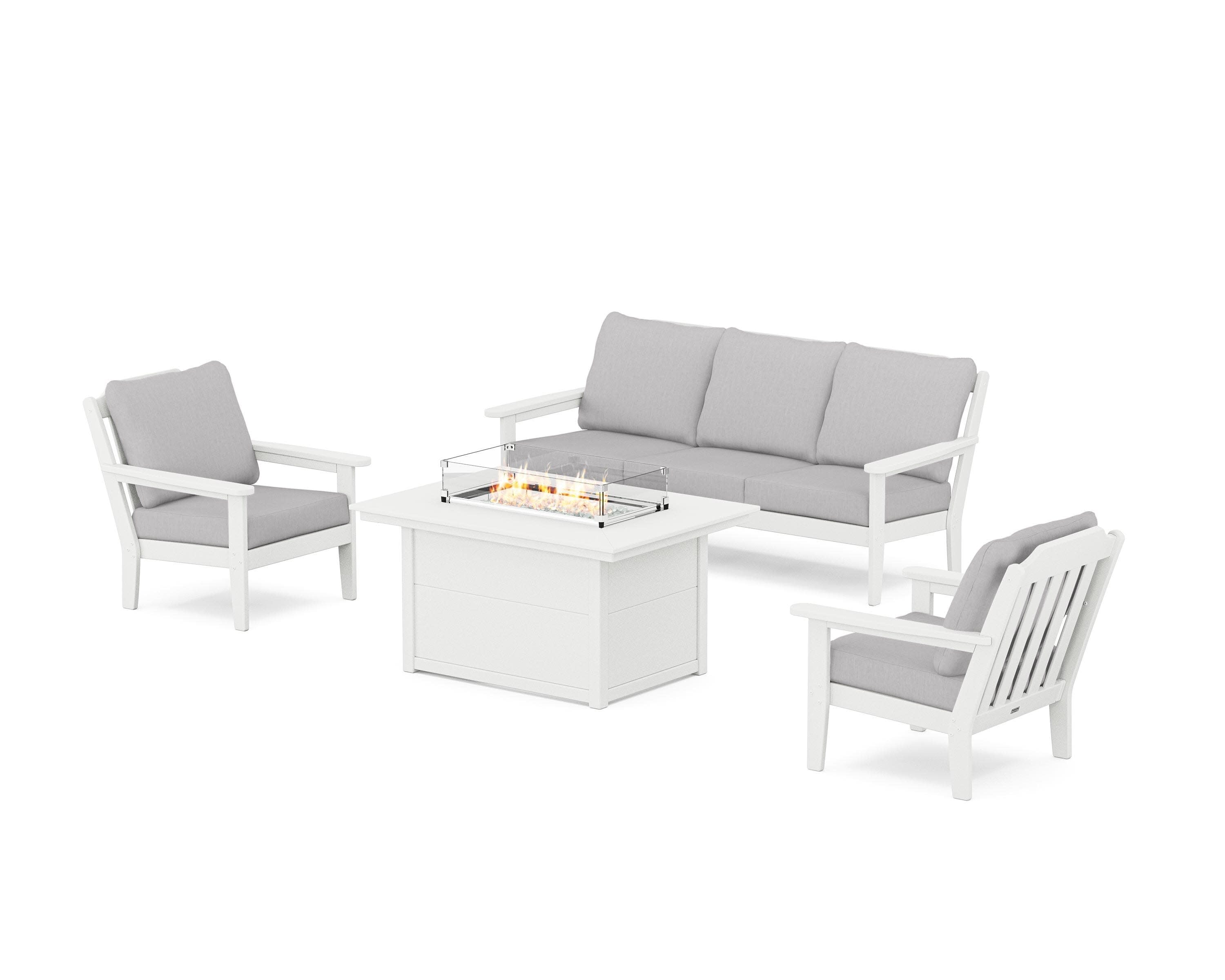 Cottage Deep Seating Fire Pit Table Set in White / Granite