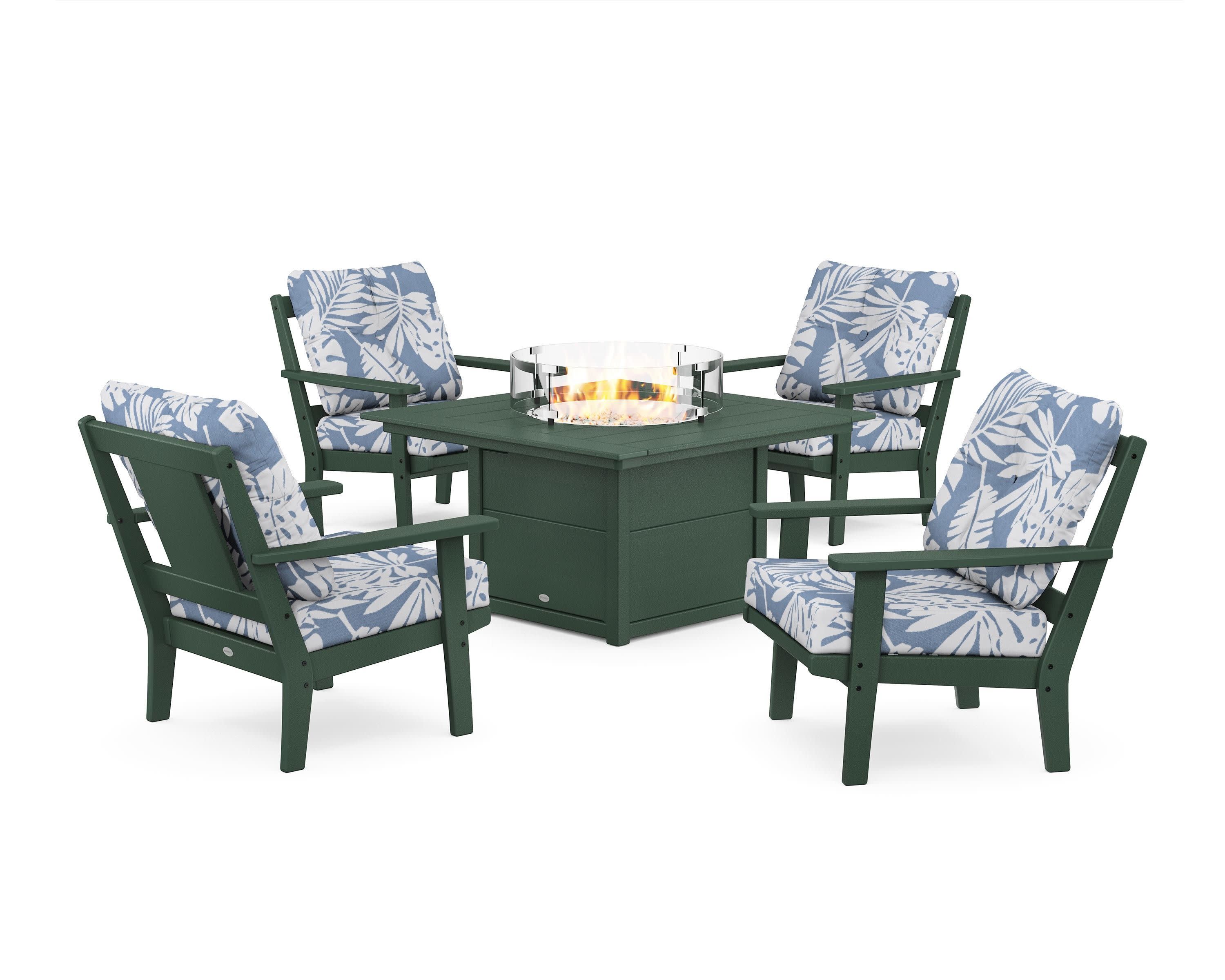 Prairie 5-Piece Deep Seating Set with Fire Pit Table in Green / Leaf Sky Blue