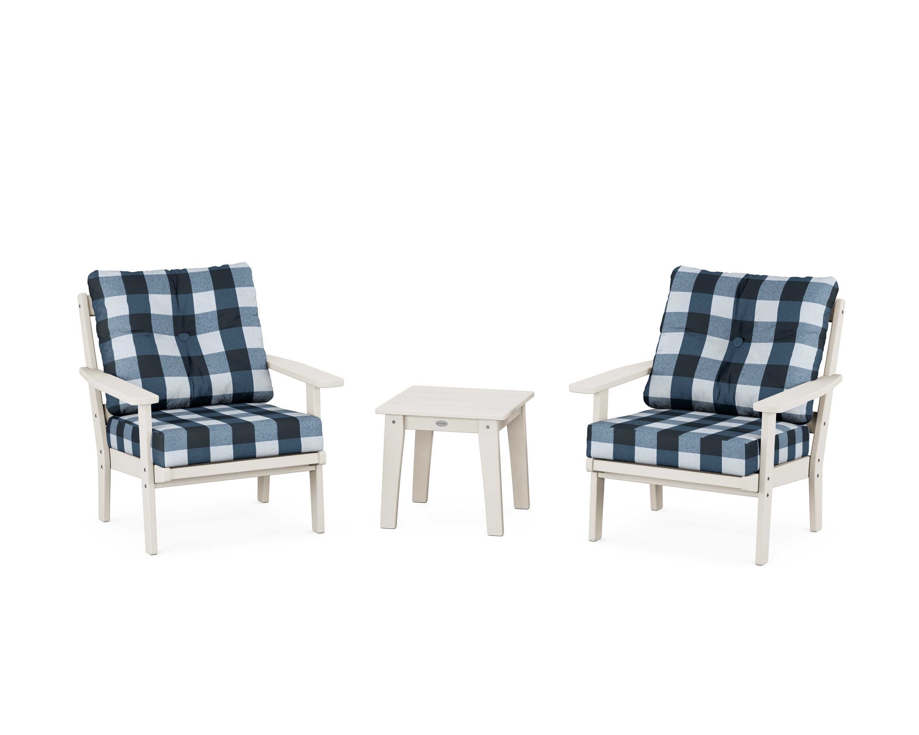 Prairie 3-Piece Deep Seating Set in Sand / Buffalo Plaid Marine Indigo