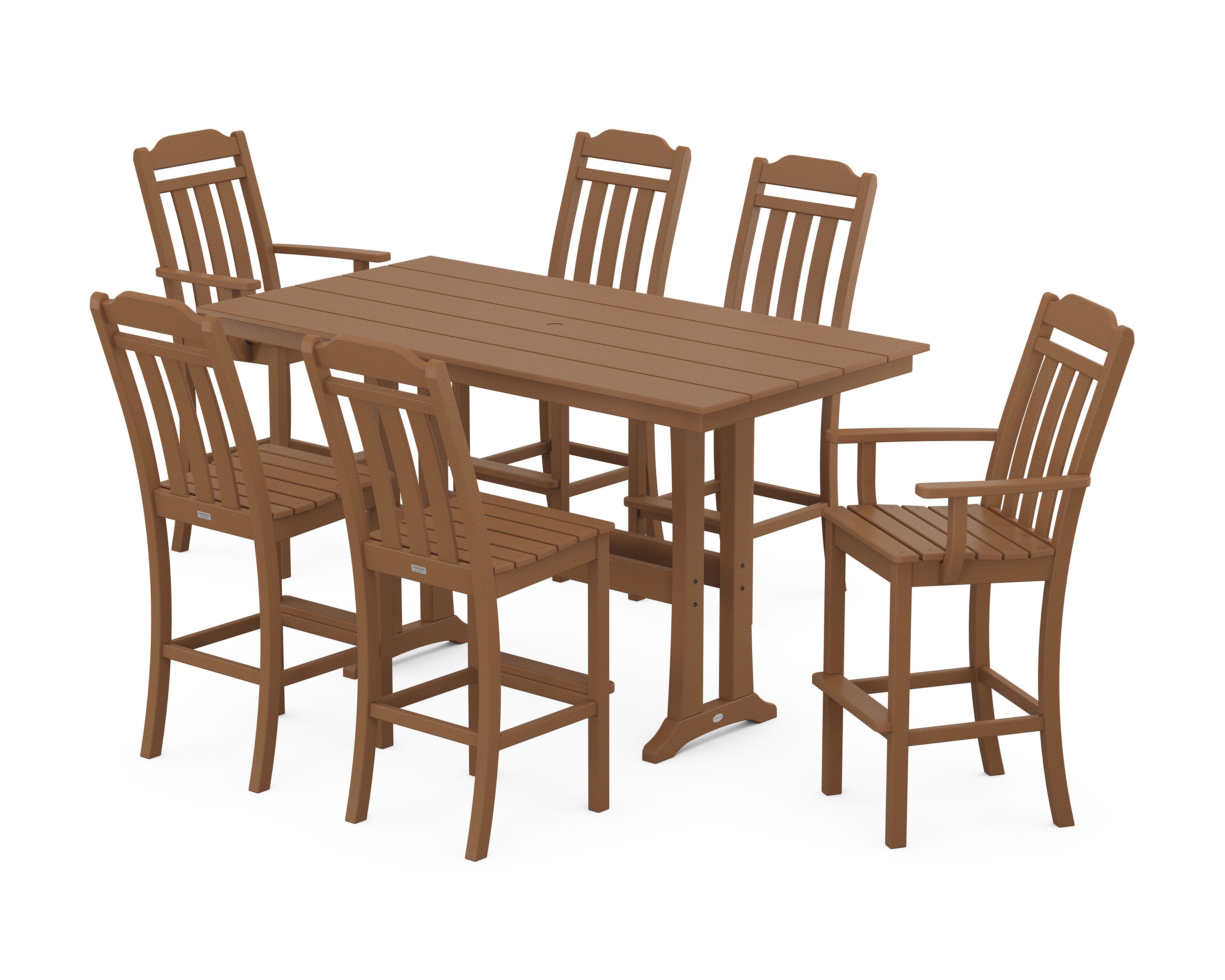 Cottage 7-Piece Farmhouse Bar Set with Trestle Legs in Teak
