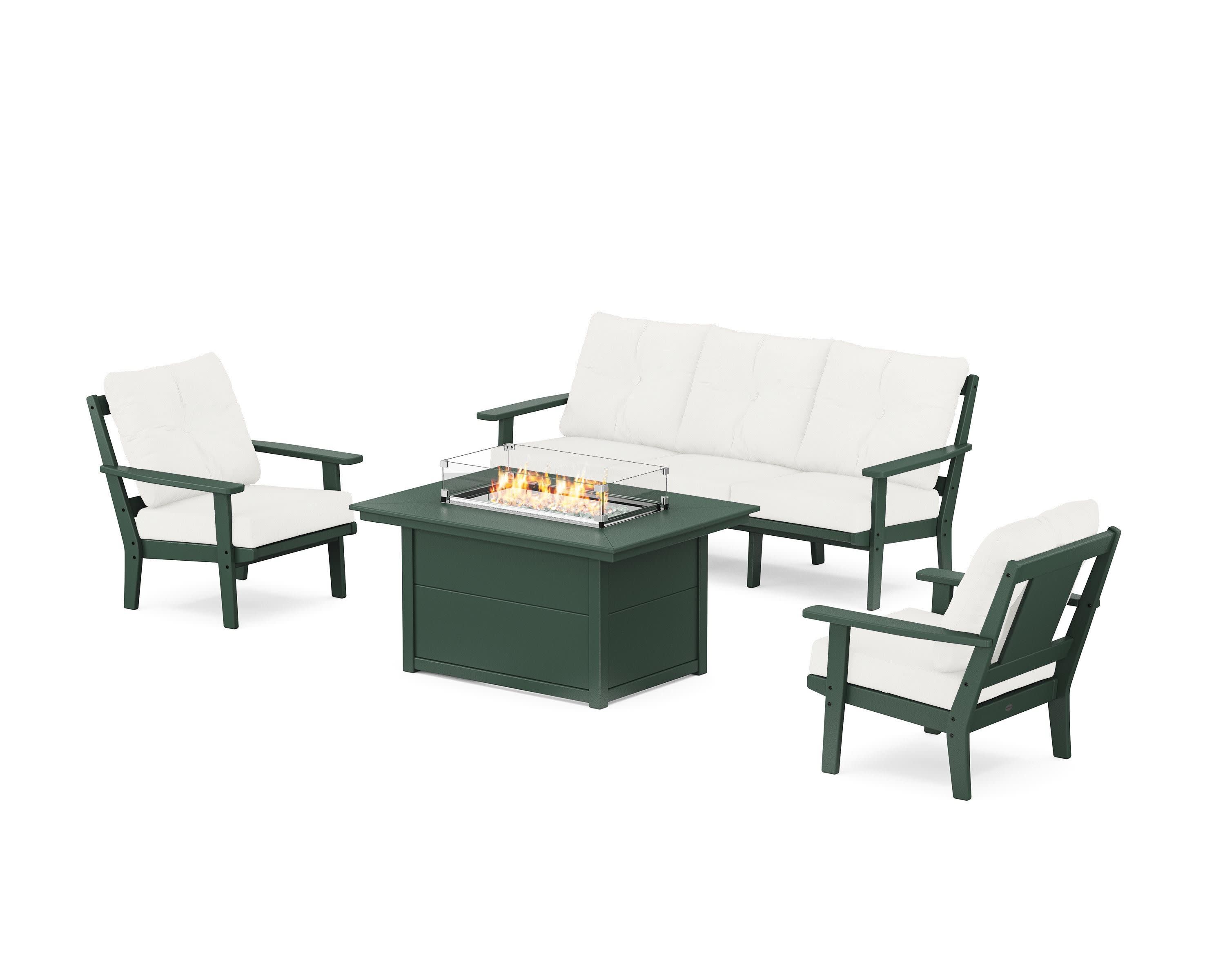 Prairie Deep Seating Fire Pit Table Set in Green / Natural Linen