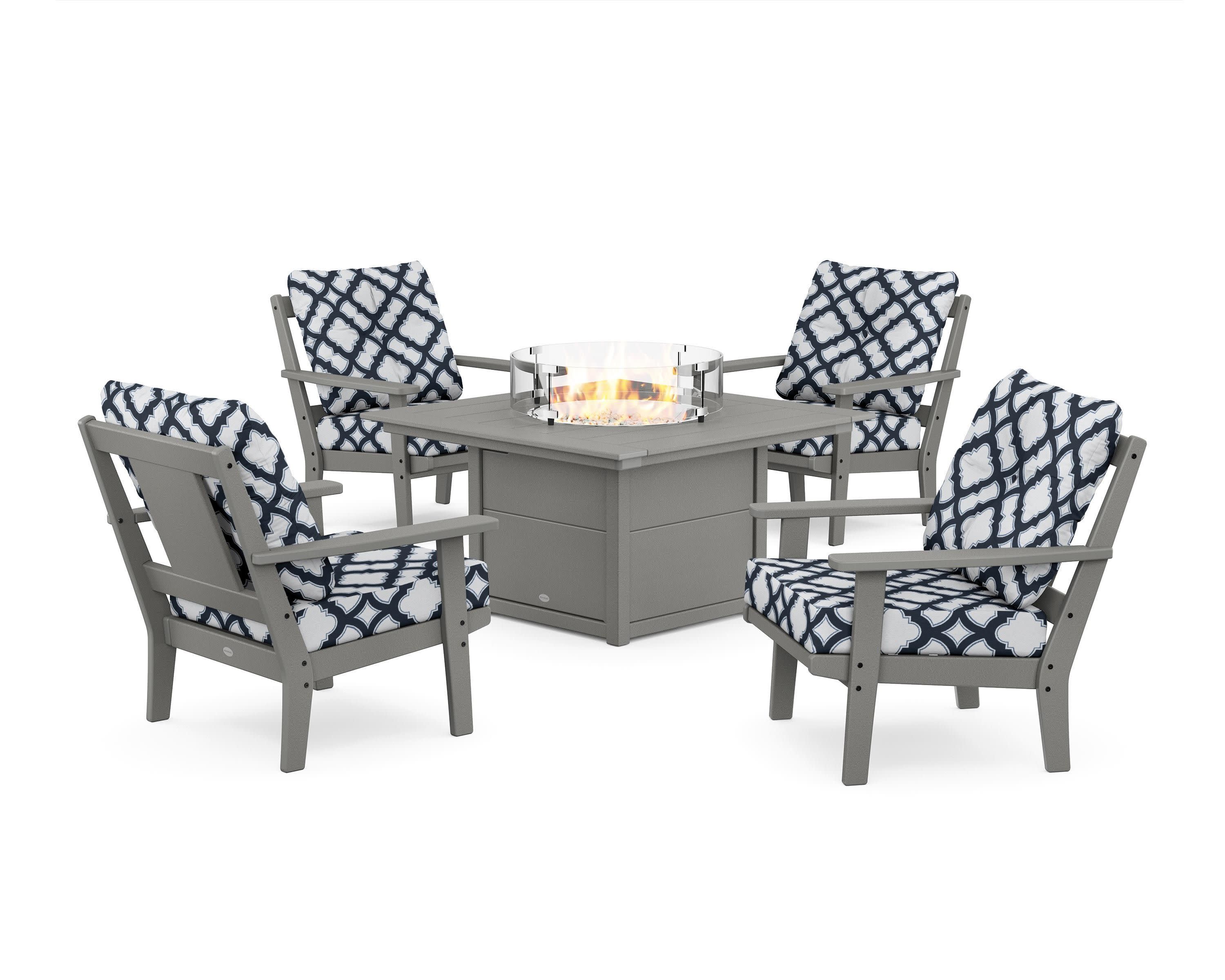 Prairie 5-Piece Deep Seating Set with Fire Pit Table in Slate Grey / Trellis Marine Indigo