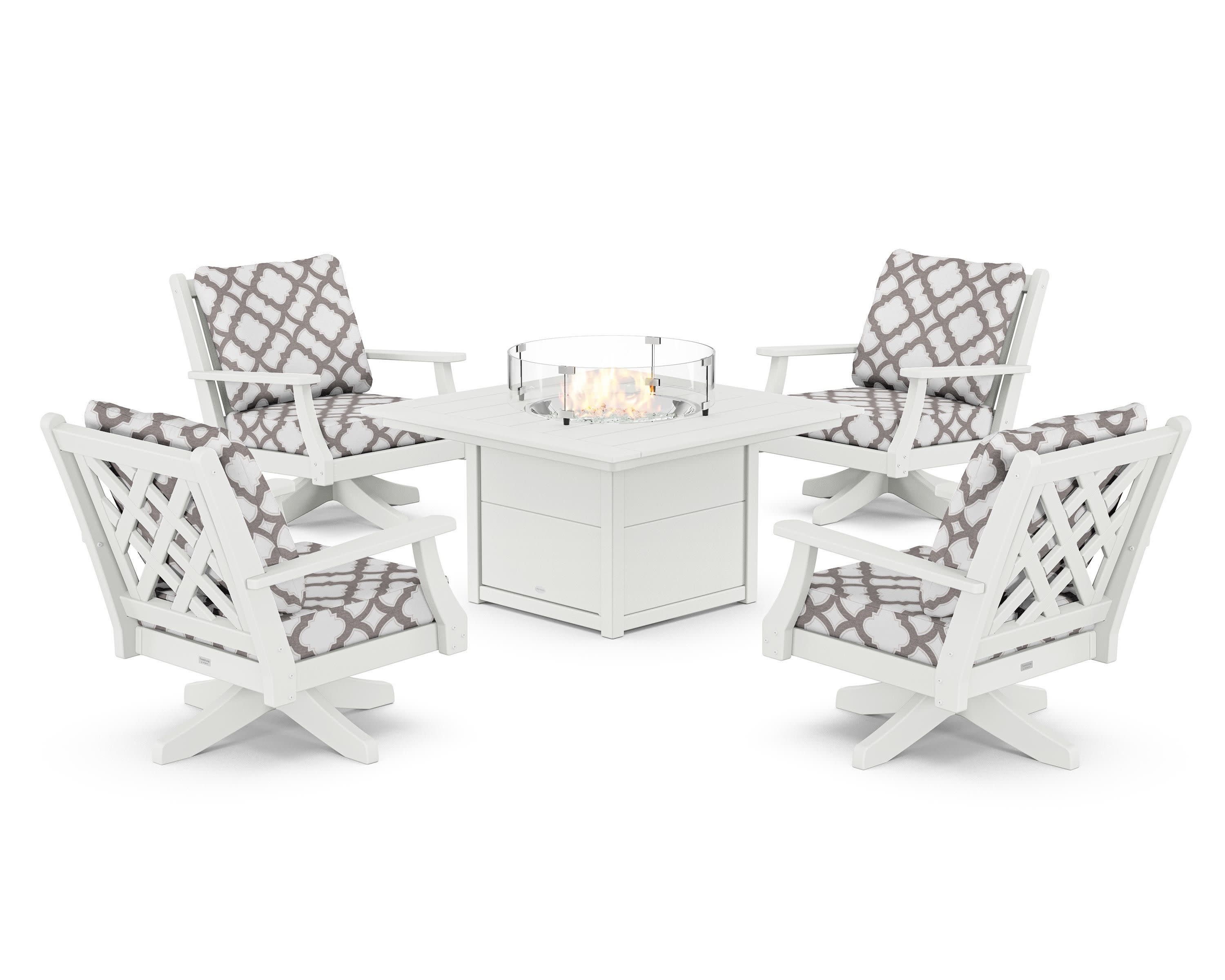 Wovendale 5-Piece Deep Seating Swivel Conversation Set with Fire Pit Table in White / Trellis Grey Mist