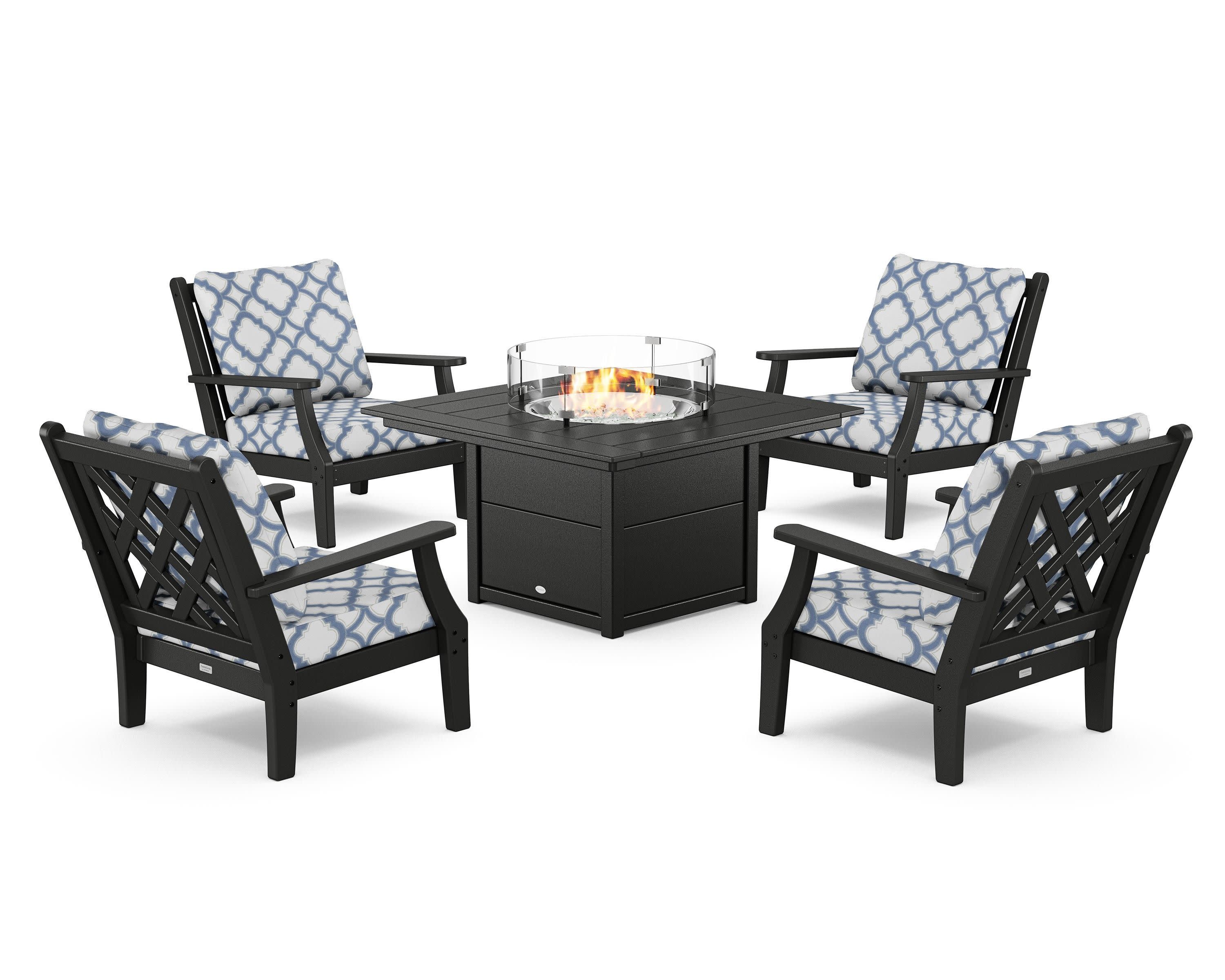 Wovendale 5-Piece Deep Seating Set with Fire Pit Table in Black / Trellis Sky Blue
