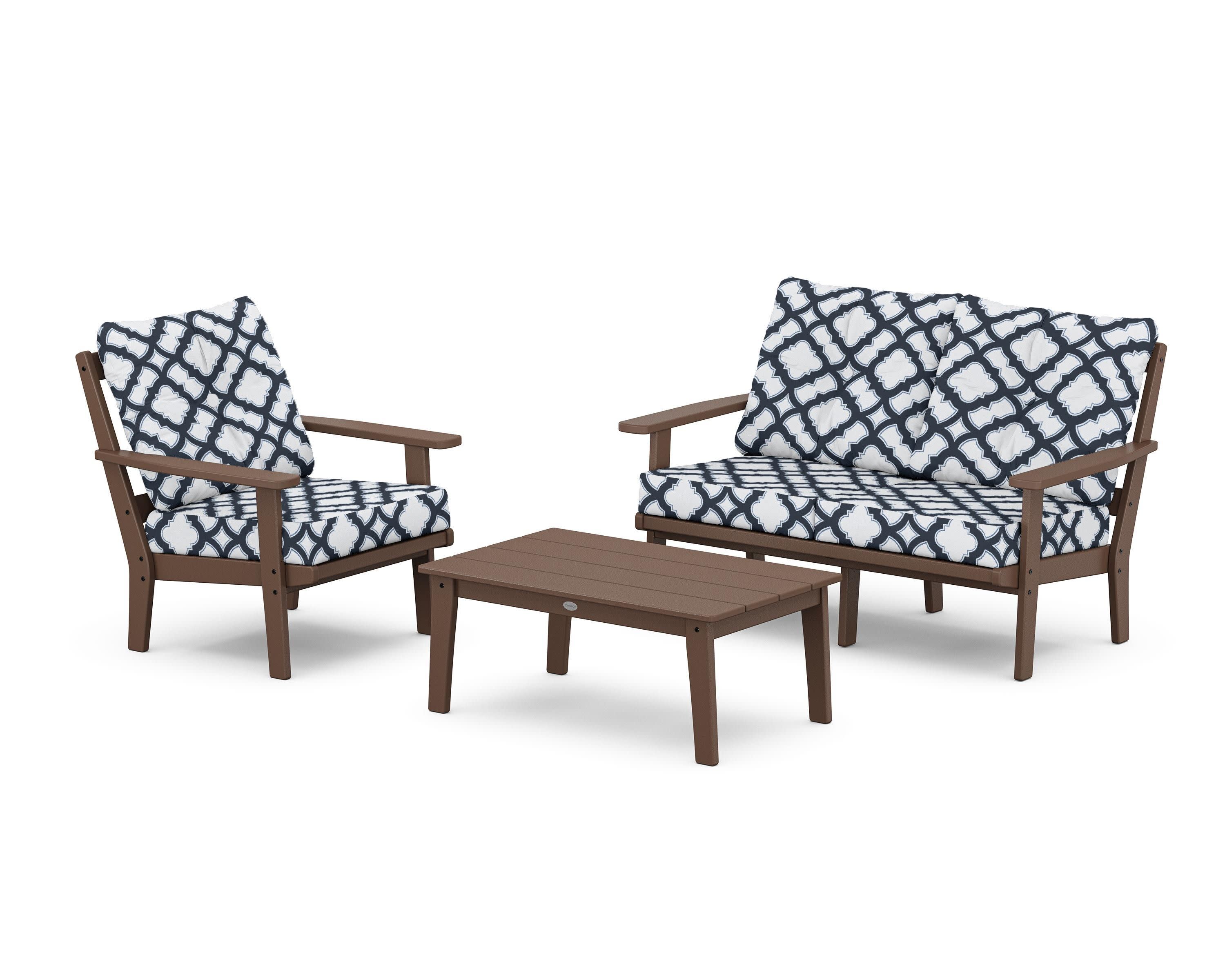 Prairie 3-Piece Deep Seating Set with Loveseat in Mahogany / Trellis Marine Indigo