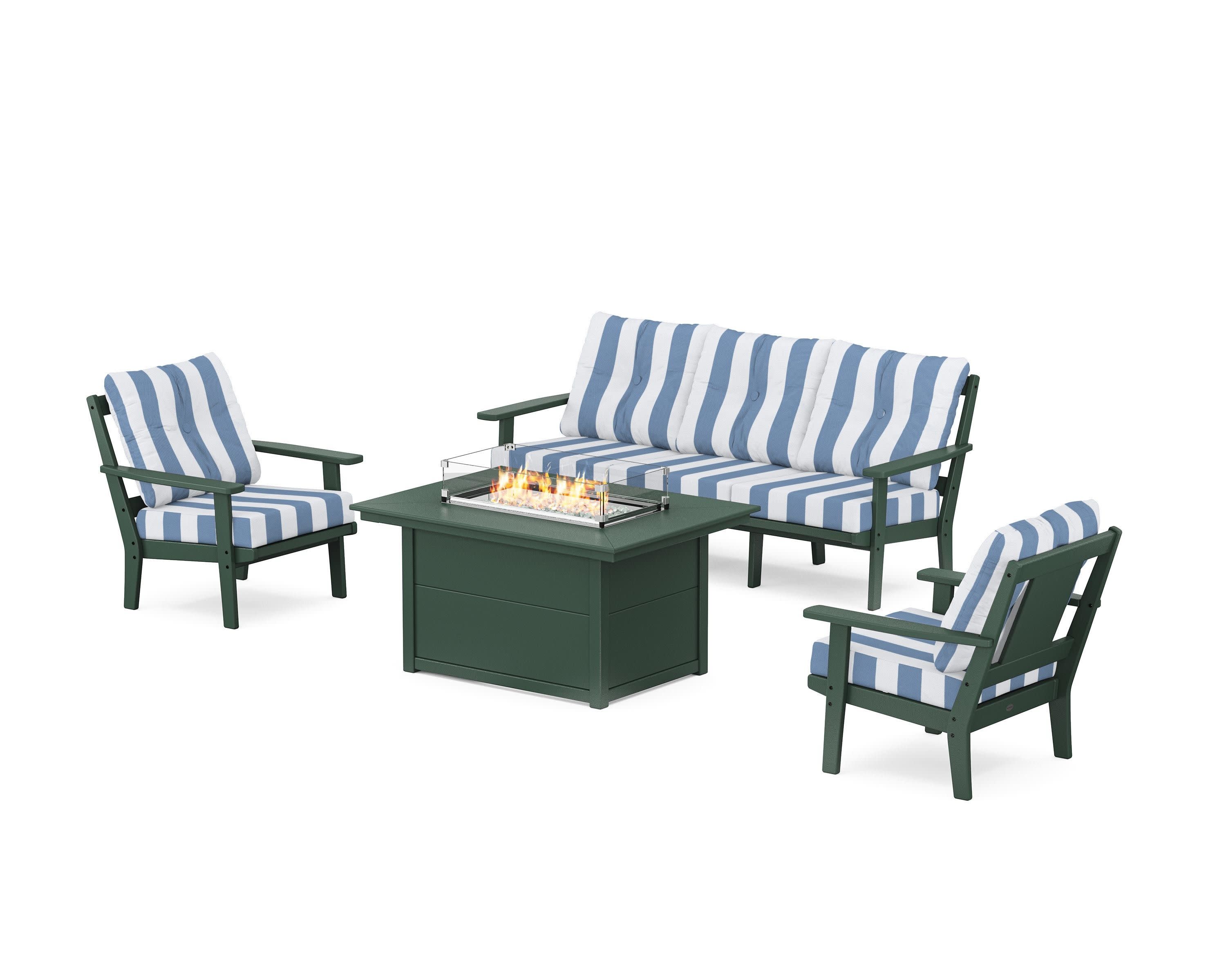 Prairie Deep Seating Fire Pit Table Set in Green / Cabana Stripe Sky Blue
