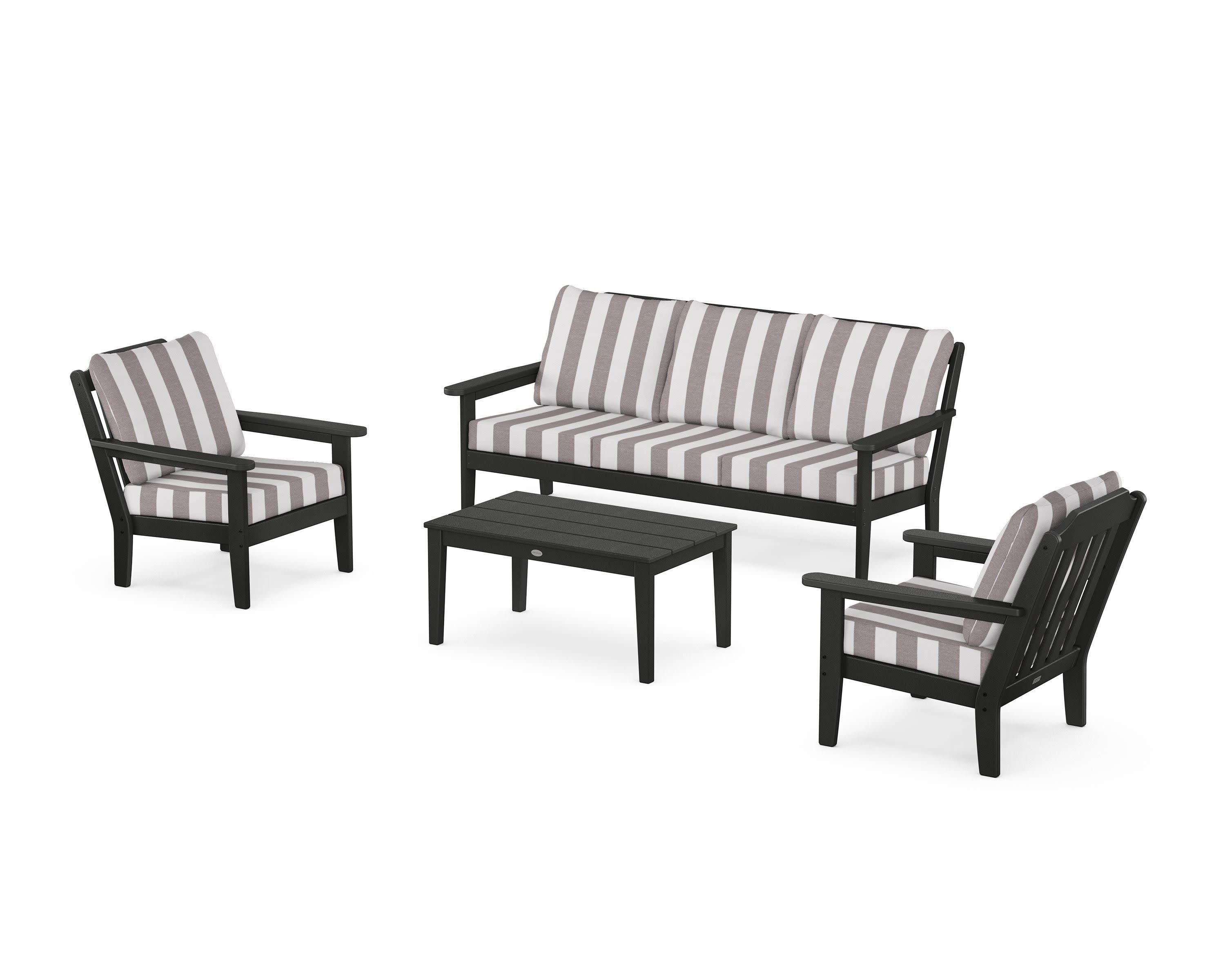 Cottage 4-Piece Deep Seating Set with Sofa in Black / Cabana Stripe Grey Mist