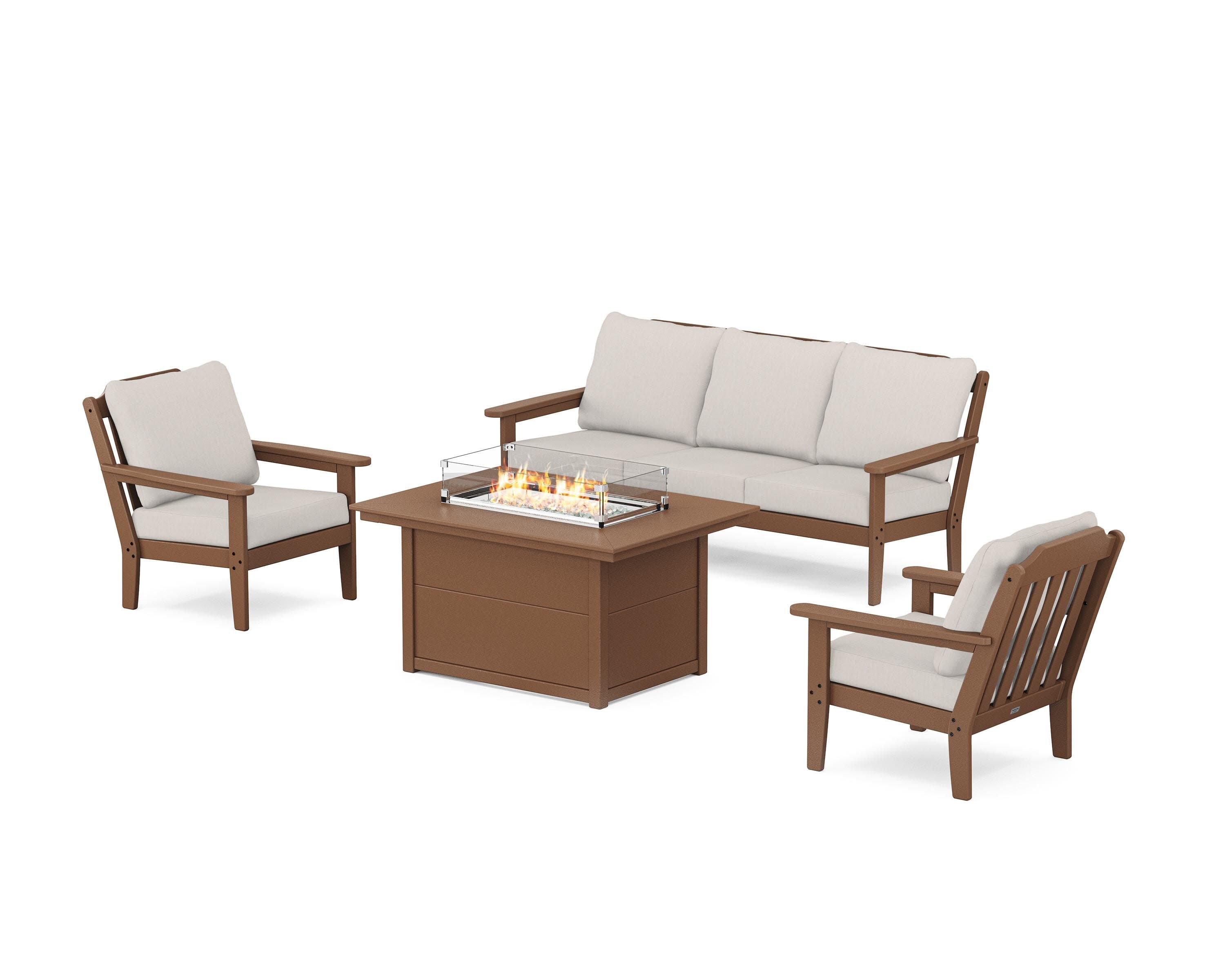Cottage Deep Seating Fire Pit Table Set in Teak / Cast Ash