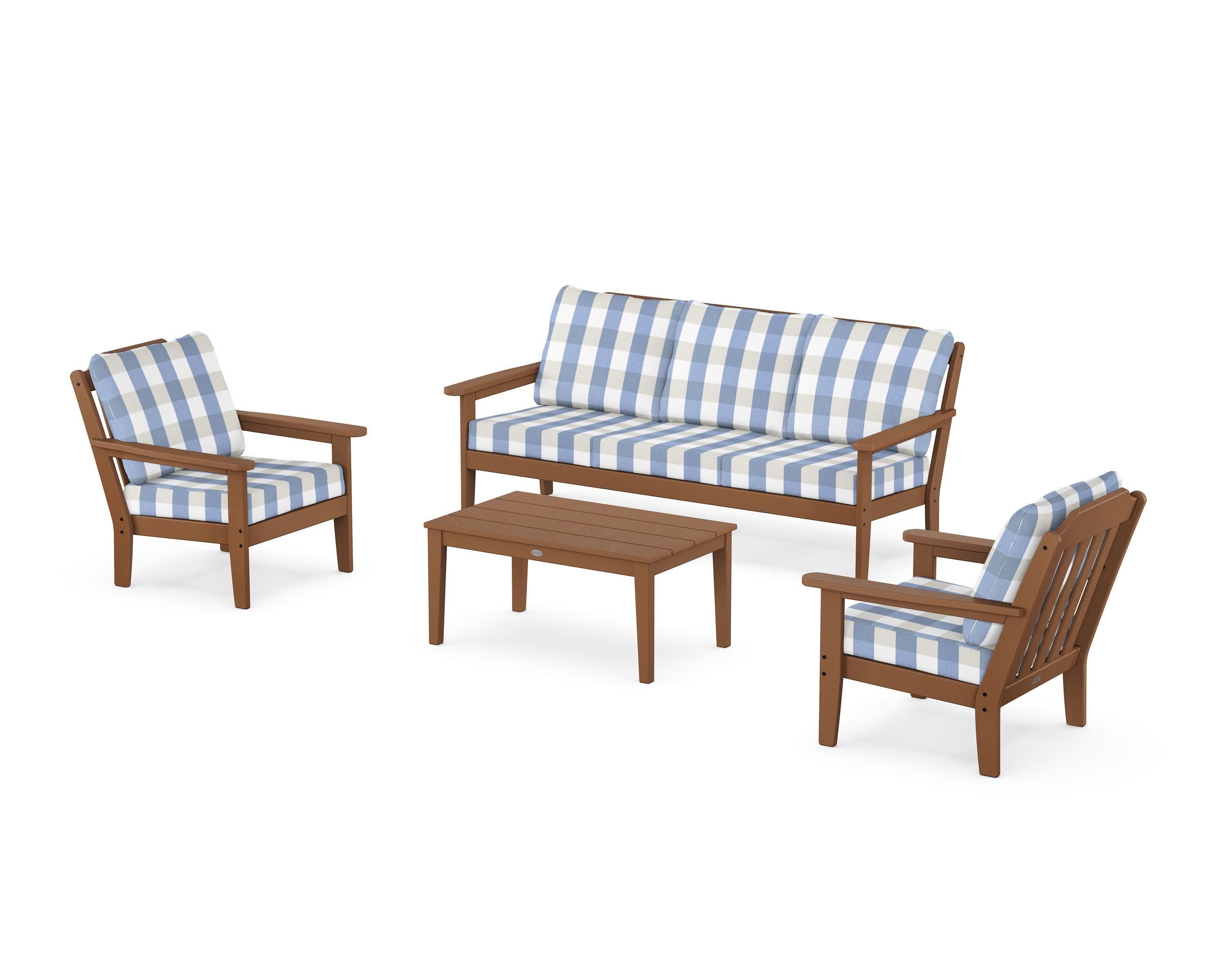 Cottage 4-Piece Deep Seating Set with Sofa in Teak / Buffalo Plaid Sky Blue